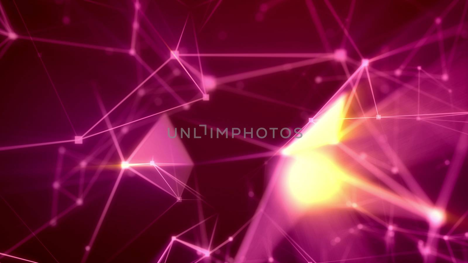 Dazzling 3d rendering of an ultramodern Internet cyber space flight through light pink network with radiant spots, triangular structures, blurred crystals, and a grid in the purple background