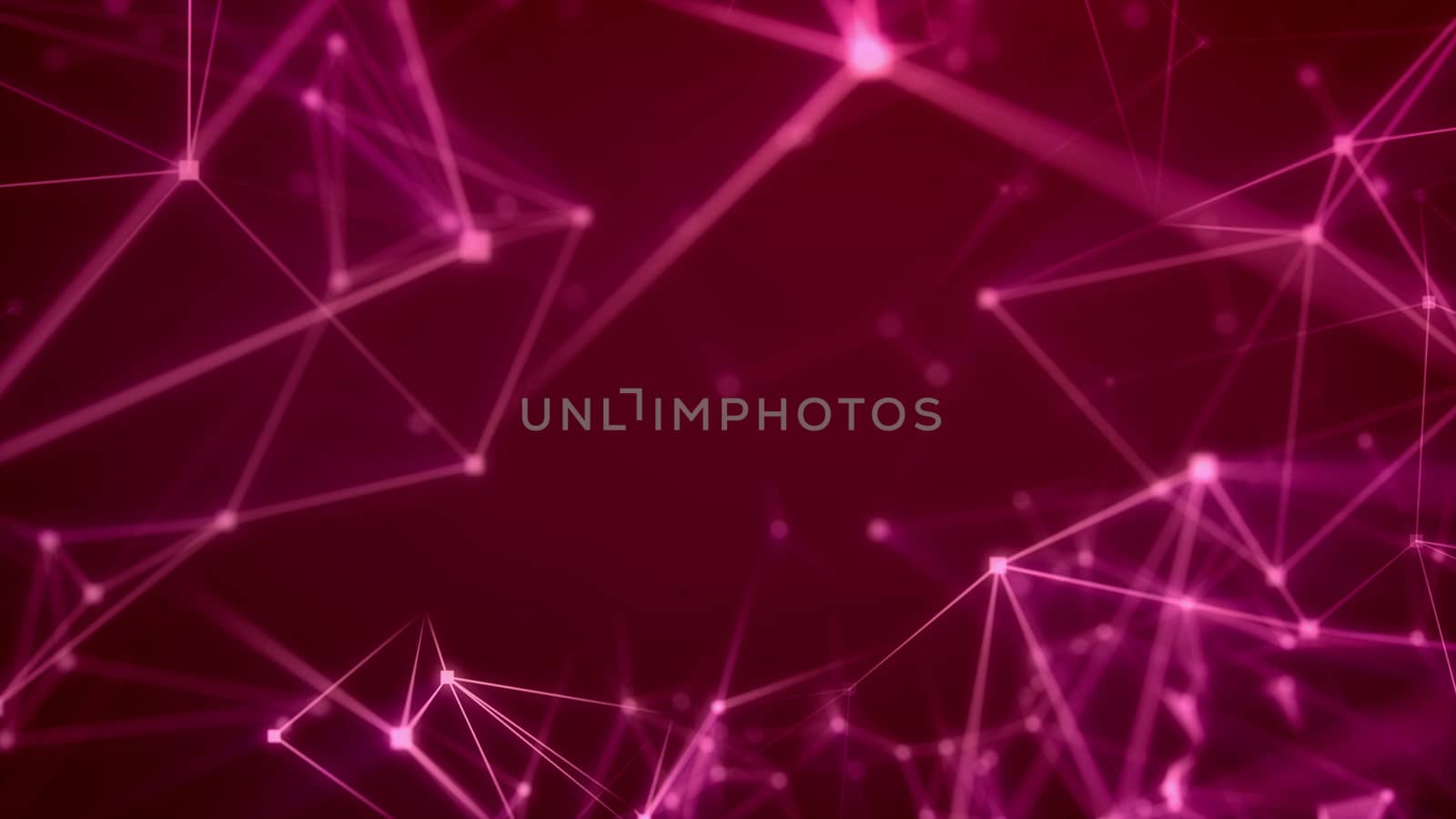 Enigmatic 3d illustration of a hi-tech Internet based system with a lot of glowing and blurred light rosy and pink lines, multi-sided surfaces, intense spotlights, and the purple background