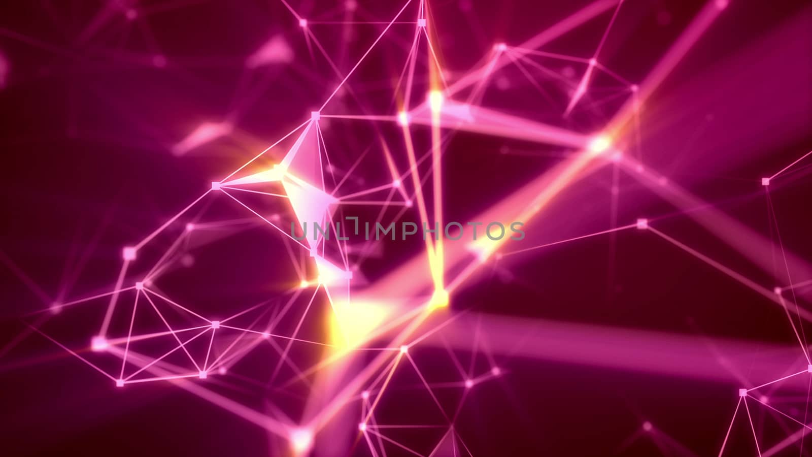 Sparkling 3d illusration of a sci-fi Internet cyber space flight through light rosy network with luminous spots, triangular structures, blurred gems, searchlights, and a grid in the purple background