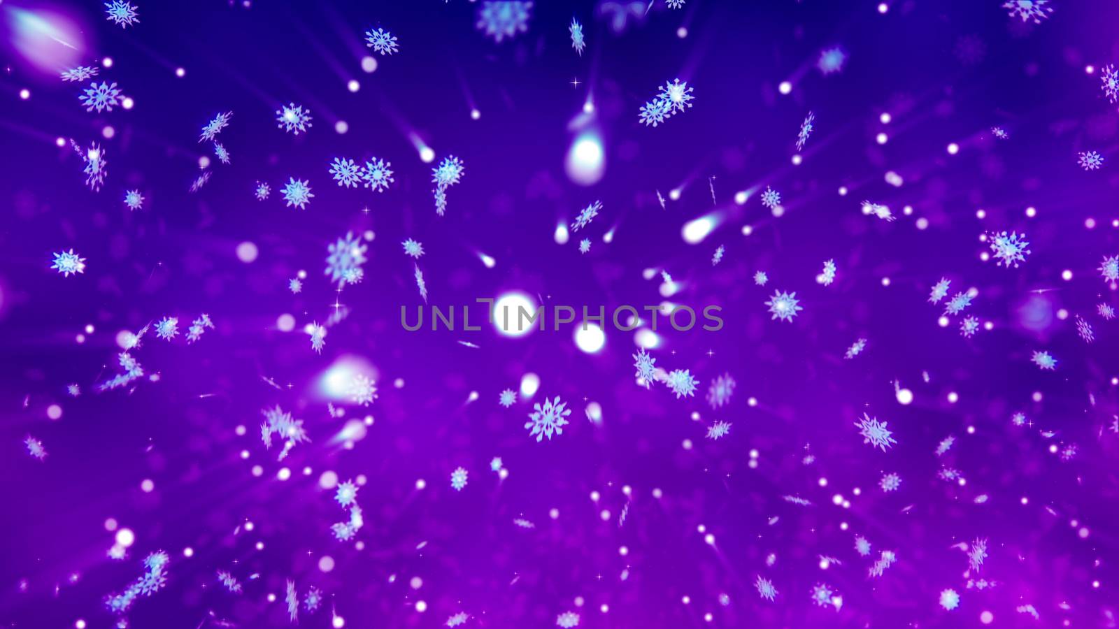Artistic 3d rendering of white crystal looking snowflakes whirling among dashing snowballs, and making a festive mood of Happy New Year for kids in the dark violet background