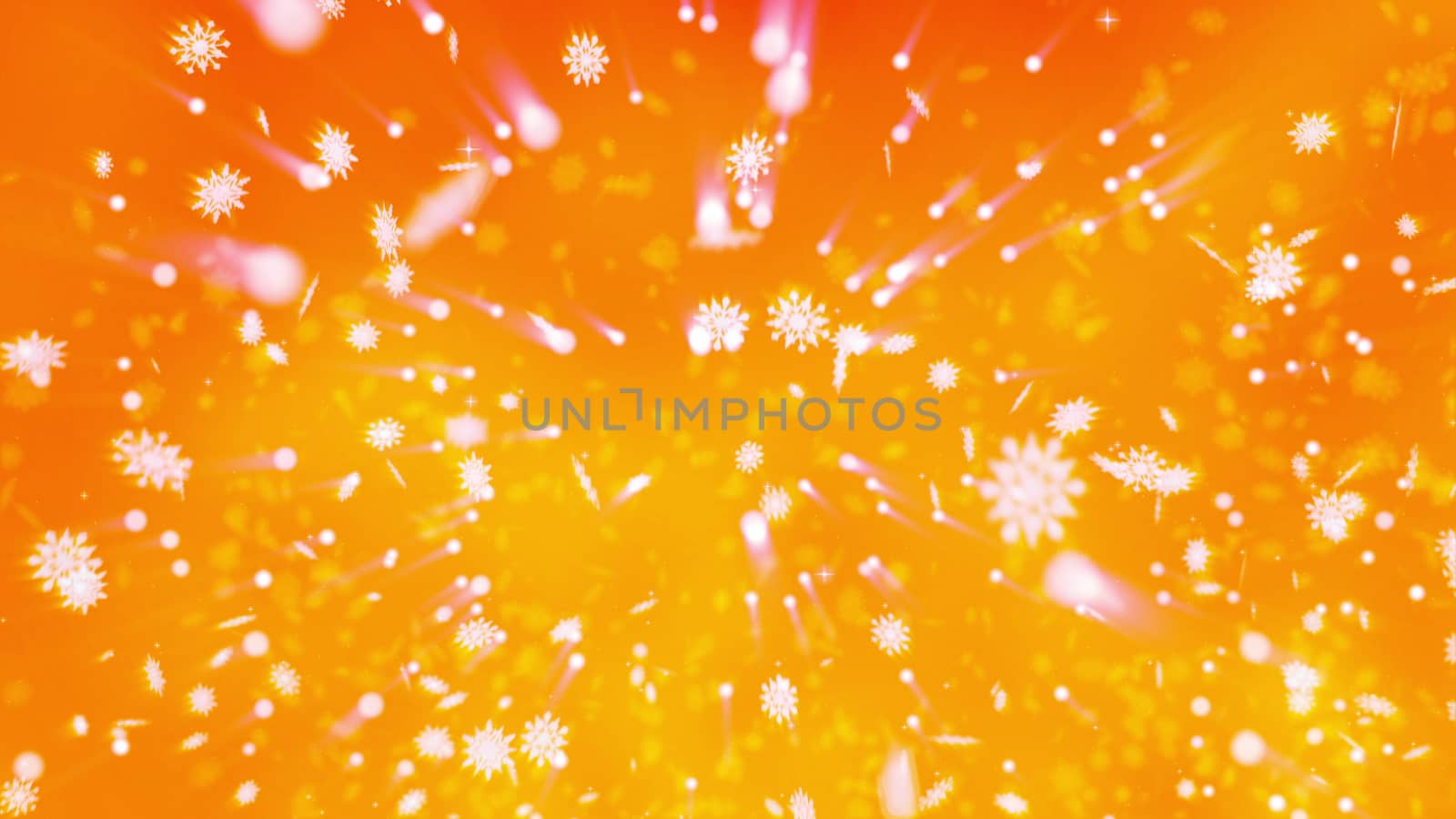 Happy New Year 3d rendering with shimmering snowflakes, sparkling snowballs, dots and spots, rotating in the lightorange and yellow backgound and making a festive mood for happy kids