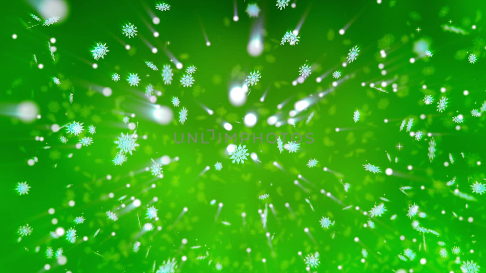 Merry Christmas 3d illustration with sparkling snowflakes, shining snowballs, dots and spots, whirling in the light green backgoung and making a festive mood for happy children