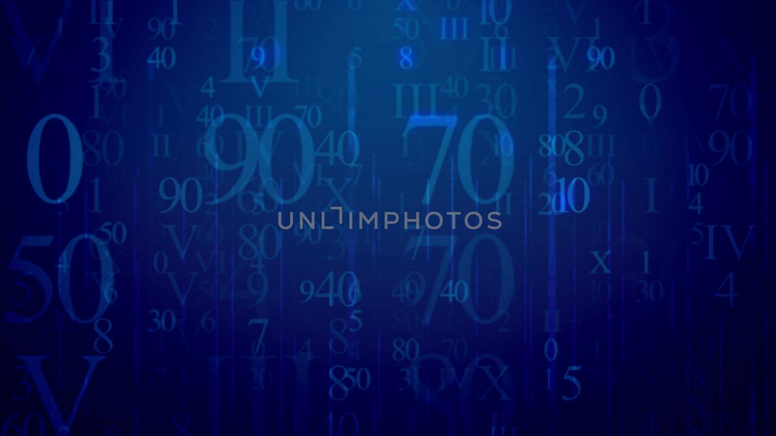 Matrix style 3d illustrationof radiant light blue Latin and Arabic digits having various shapes and lighting in the dark blue background like communication e-mails in some network