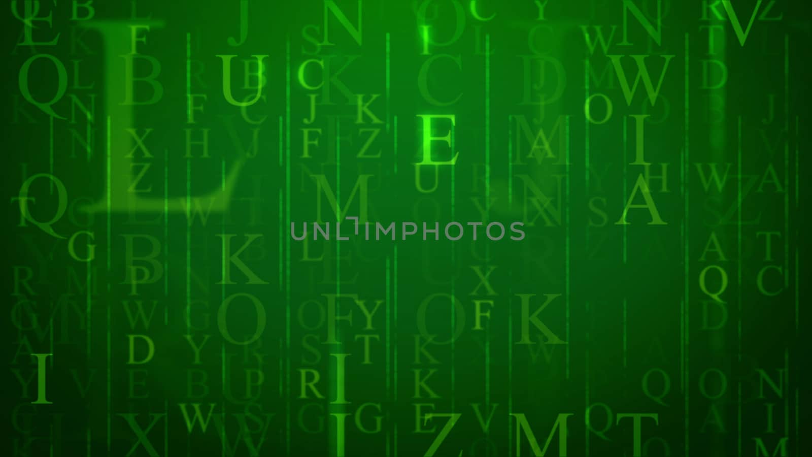 3d rendering of an electronic letter in cyberspace  with sparkling English letters, beaming thin ans thick lines, of different sizes and shapes in the dark green and holographic background