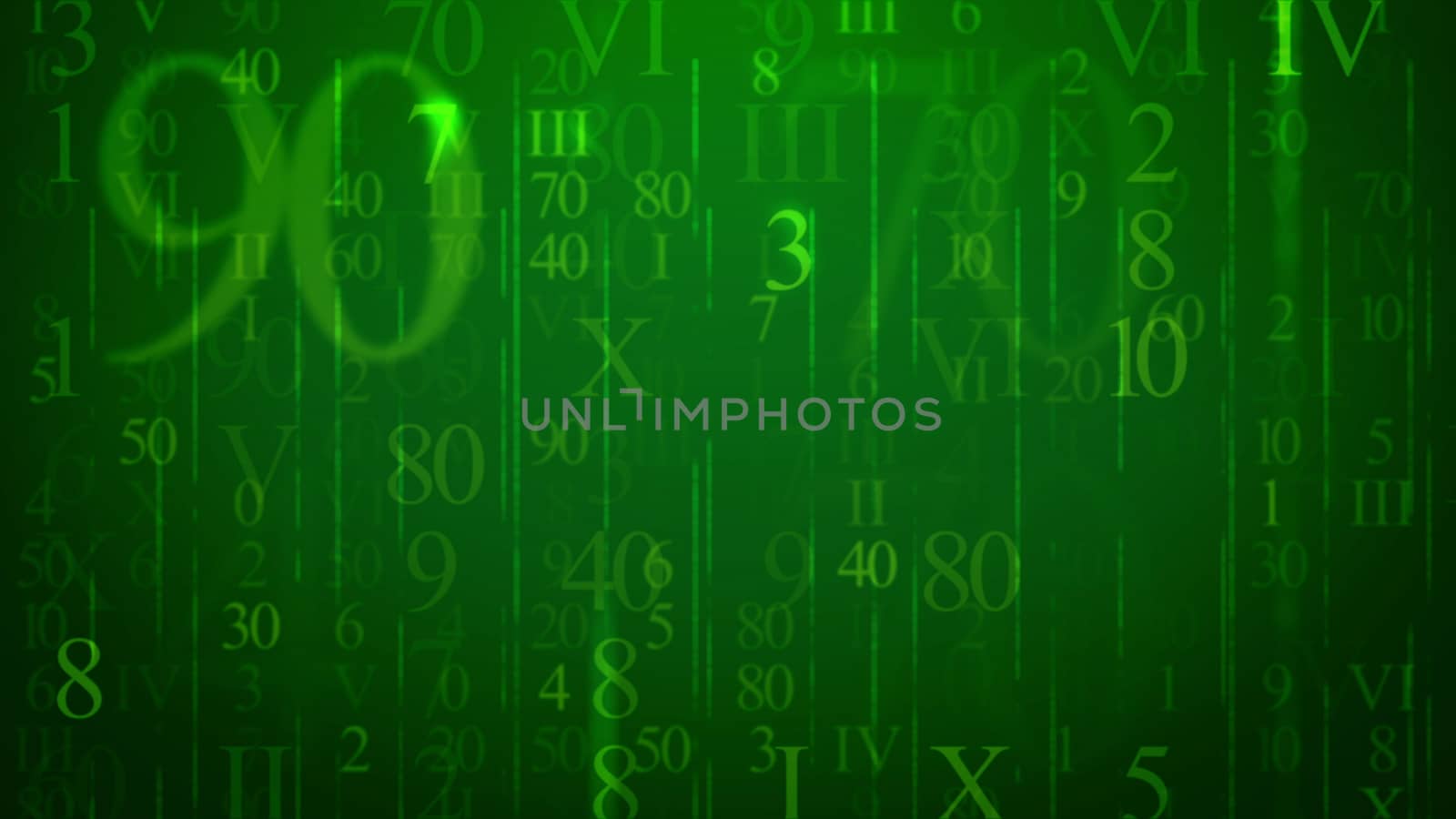Multilayerd 3d illustration of an electronic mail with shining Arabic and Latin digits, dazzling thin ans thick lines, of different sizes and shapes in the dark green background