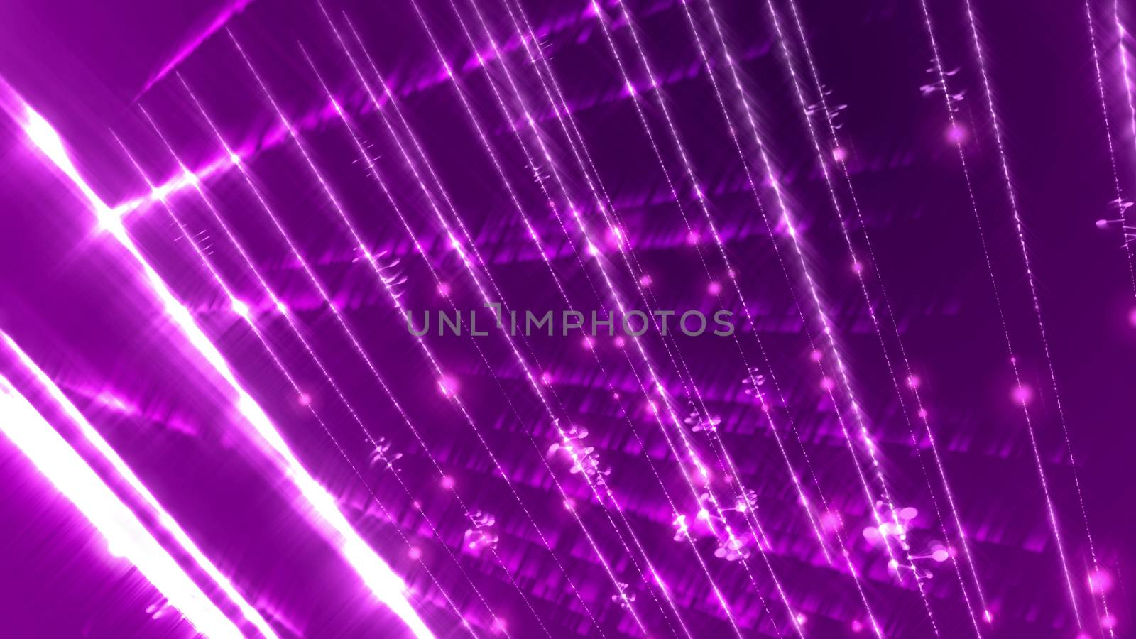 3d illustration of a futuristic cyberspace with radiance, beams, plazmoids, dots, spirals, curves, arcs, connected in a number of beaming networks shot askew in the violet cyberspace background