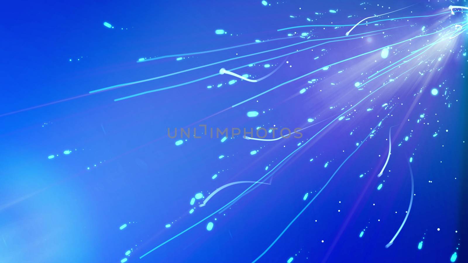 Impressive 3d illustration of an abstract advanced cyberspace with rushing dots, spots, blemishes, leaving long and curvy tails shot askew in the light blue cyberspace background