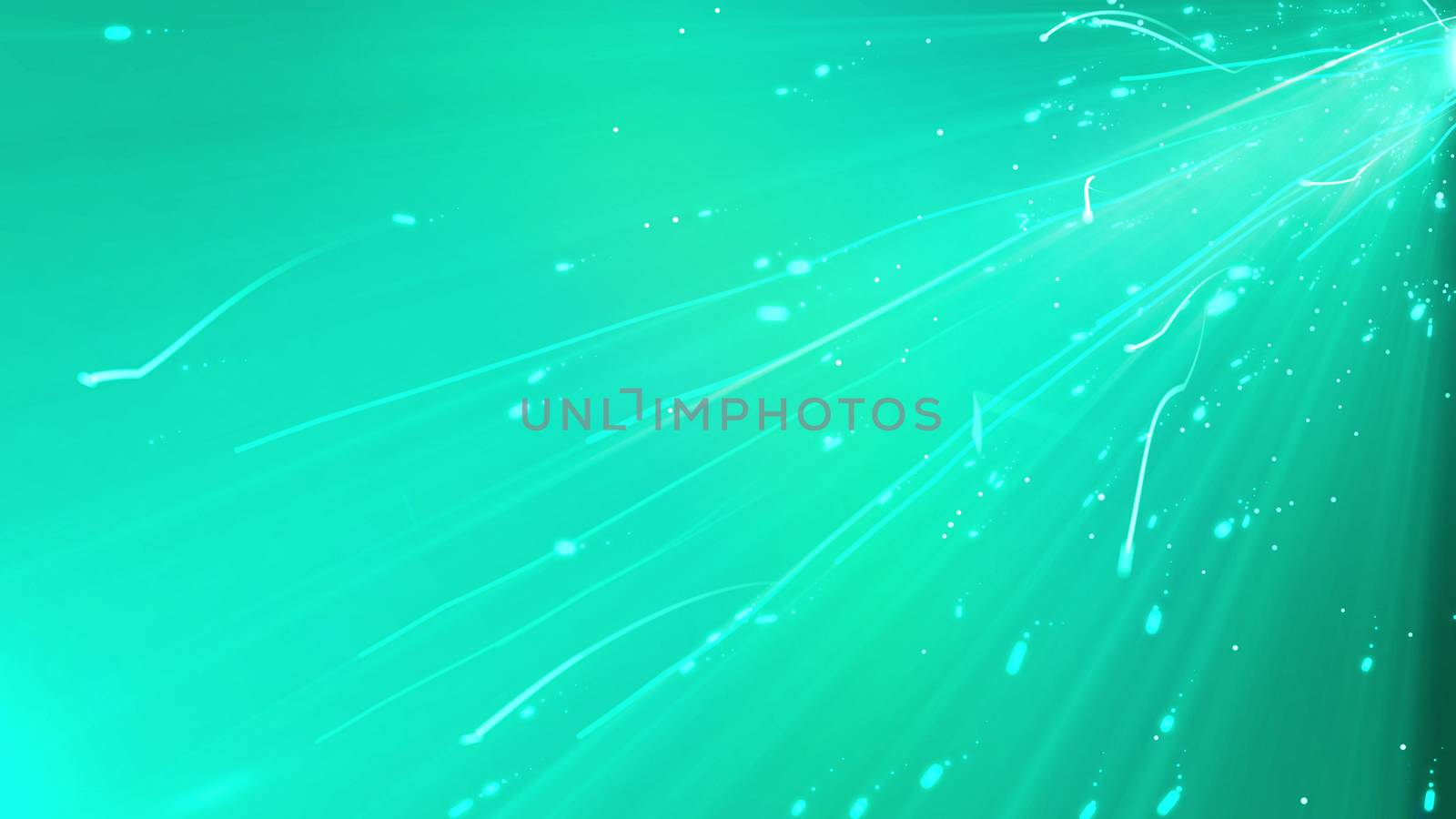 Striking 3d rendering of an abstract streamlined cyberspace with rushing dots, spots, blemishes, leaving long and curvy tails modeled diagonally the light turqoise background