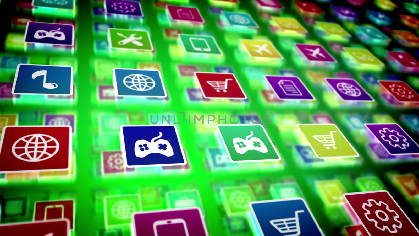 3d illustration of mobile application icons with the pictures of a cell phote, gearwheel, music note, airplane, text, portfolio, basket, tools, world and so on, shot askew in the  background