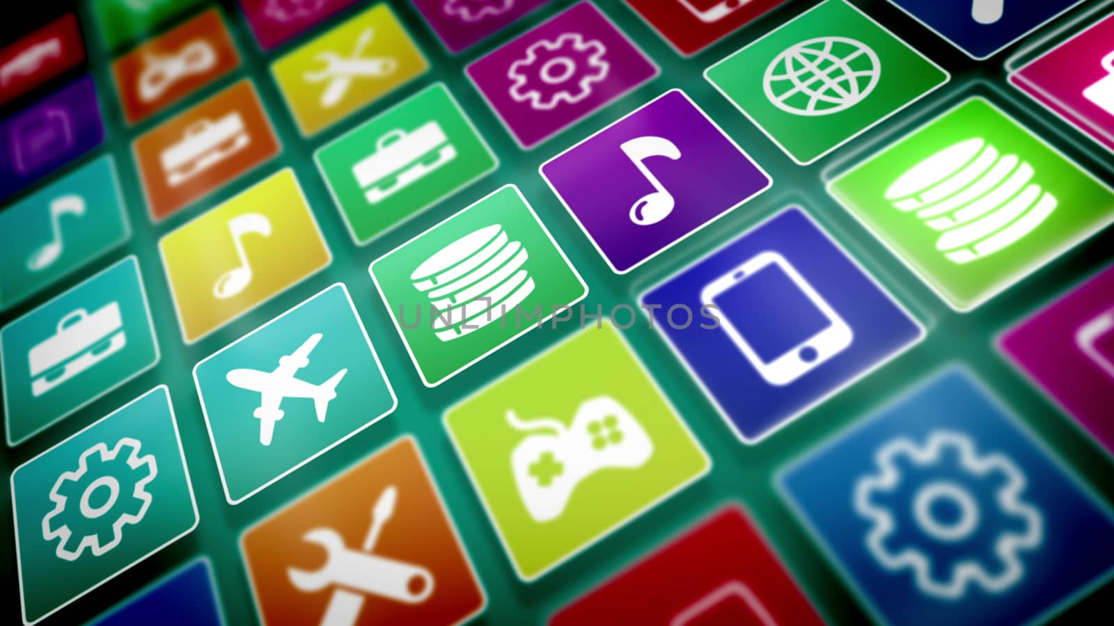 3d rendering of mobile application icons with the images of a mobile phone, gear, music note, airplane, text, portfolio, basket, tools, world and so on, shot aslant in the multicolored background