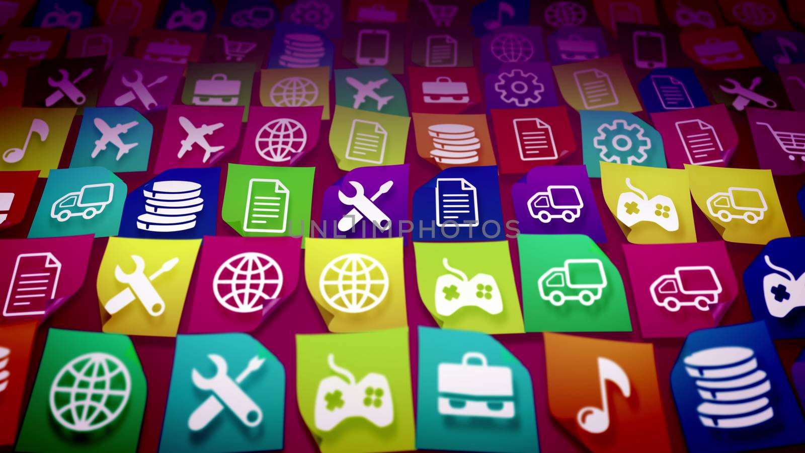 3d illustration of mobile application icons with the images of a cell phone, truck, gear, music note, airplane, text, portfolio, basket, tools, world and so on, presented awry in the background