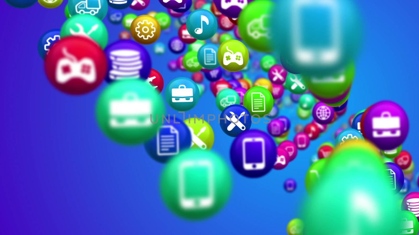 3d rendering of social media services in billiards balls spinning all around. All balls have different shapes, and covered with colorful images proposing various services in the blue background