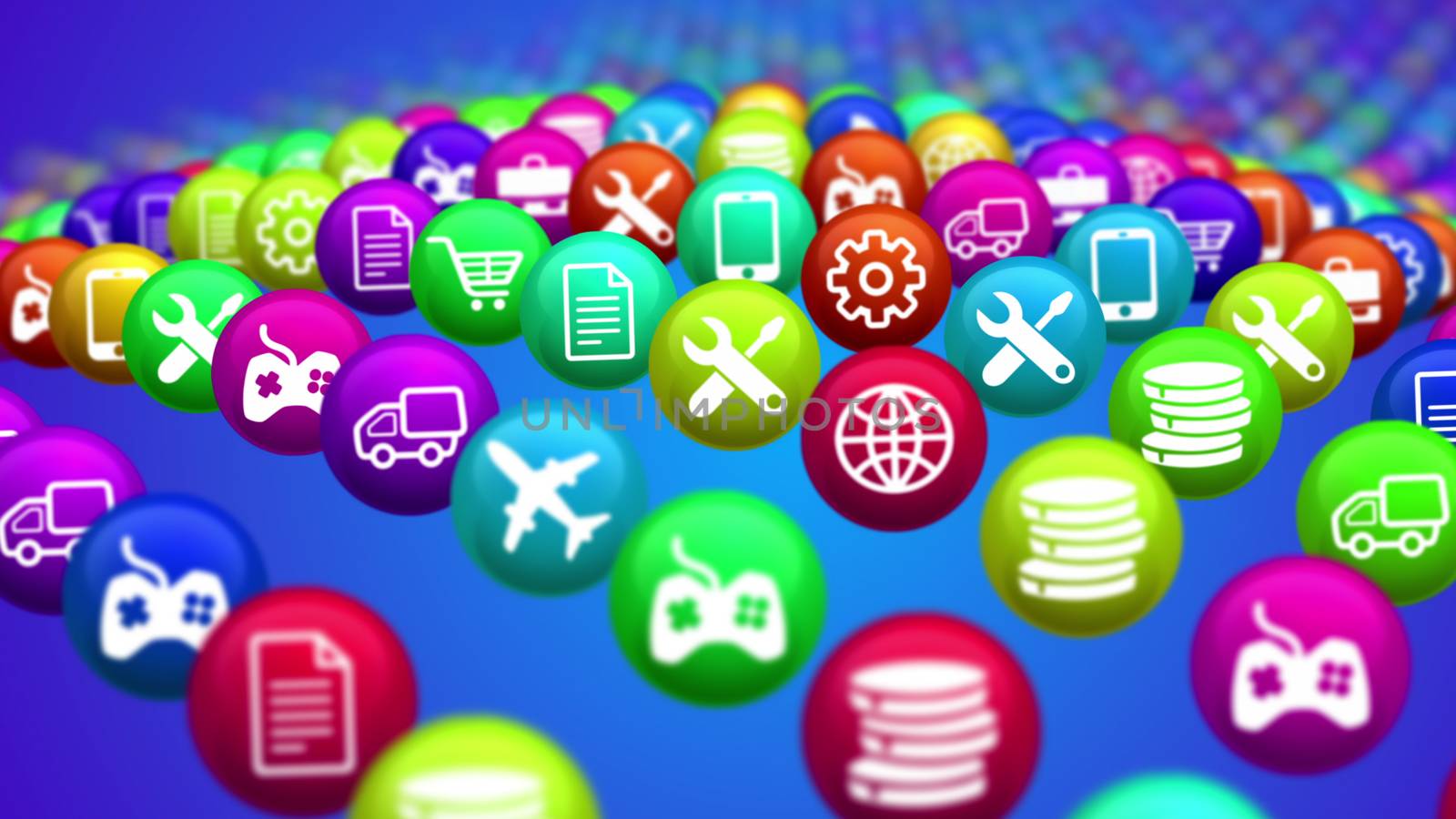 3d illustration of social media services in billiards balls put offencing lines. All balls are differently shaped, covered with images offering various business services in the blue background