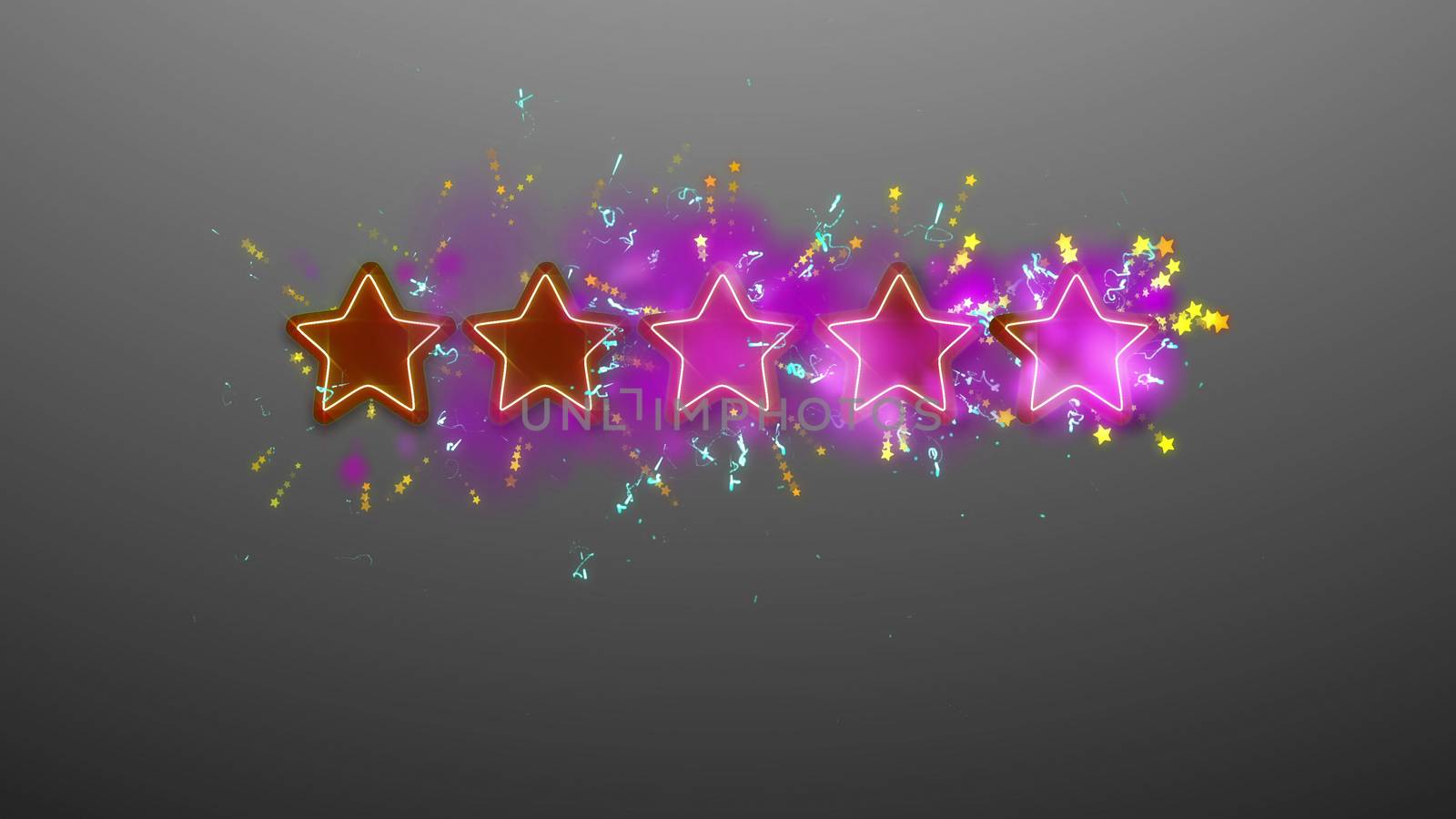 Impressive 3d rendering of five brown and violet stars on the gray background with sparkling golden dots, spots and lines.  The business rating is high, festive, and deserves respect