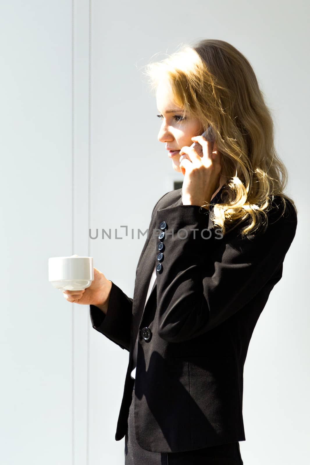 Young businesswoman with folder talking on mobile phone with client standing near office window