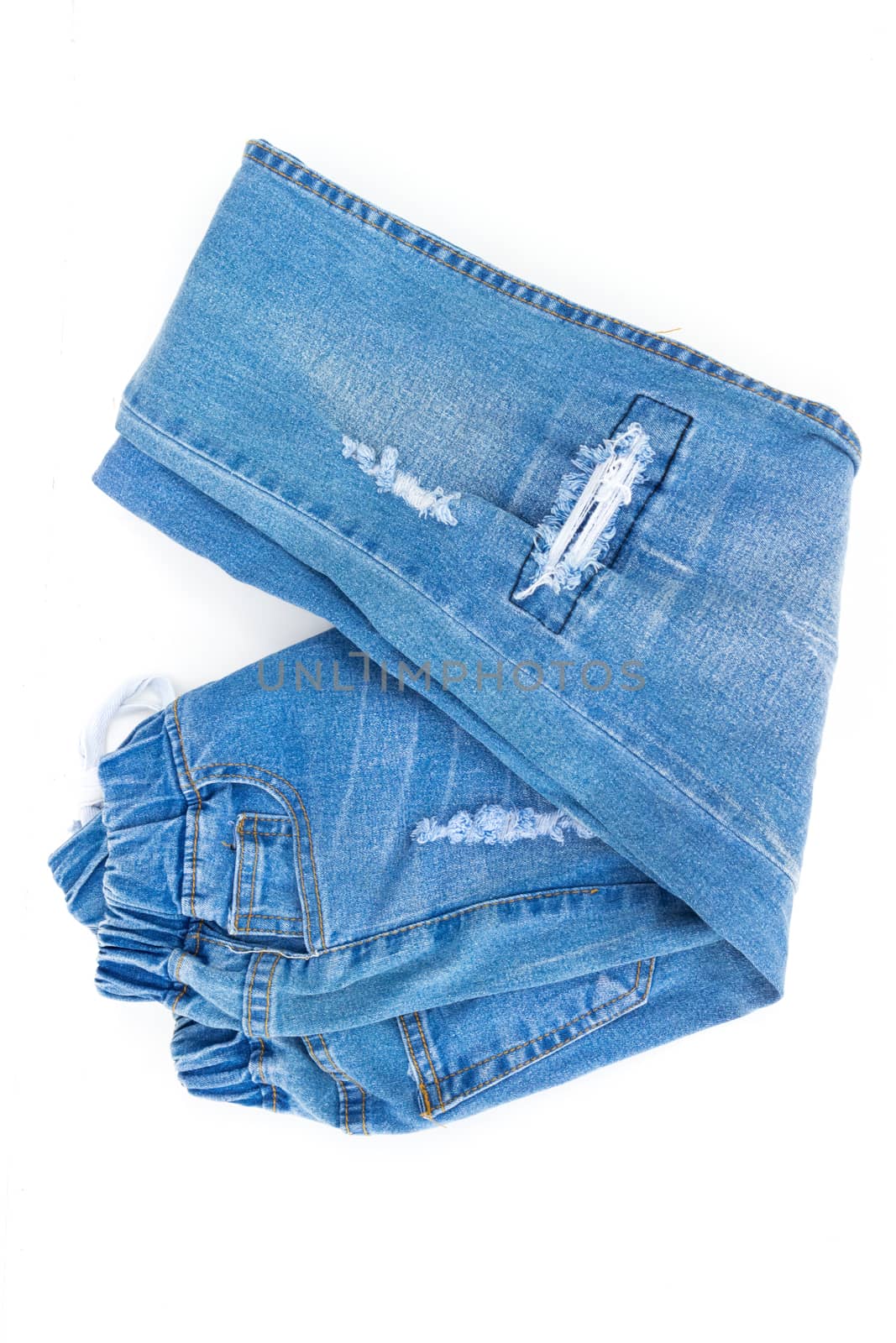 Destroyed jeans, Fold pants on white background