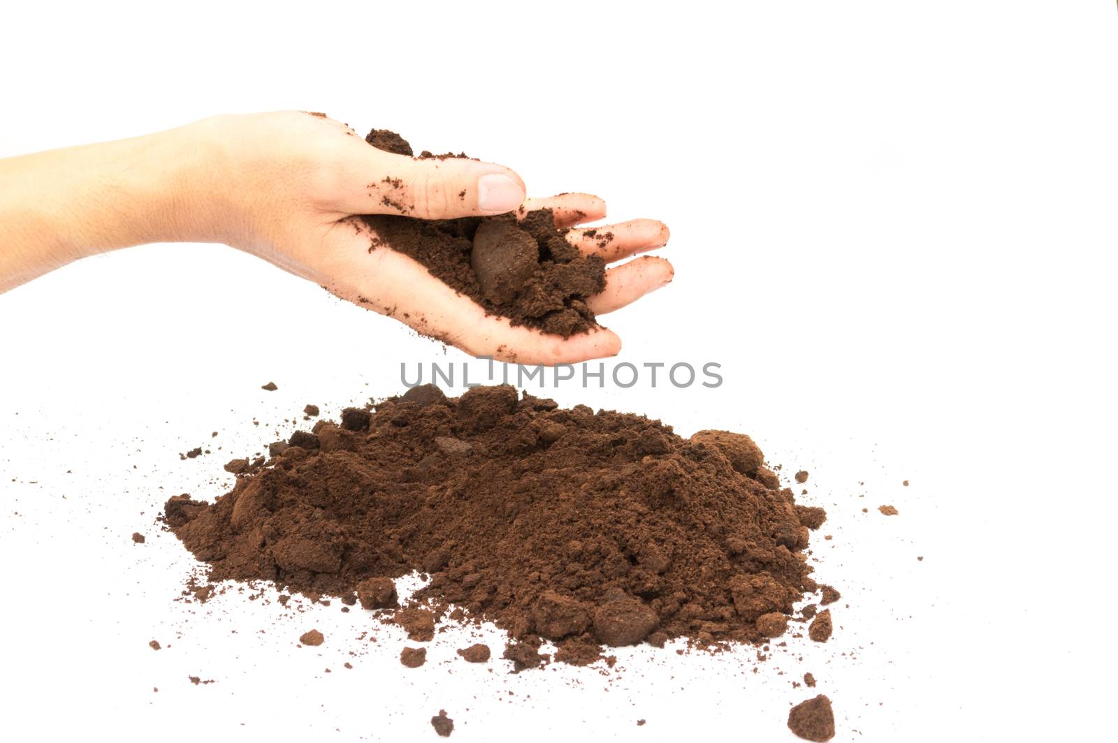 Hand hold coffee ground on white background, skin care and beauty concept