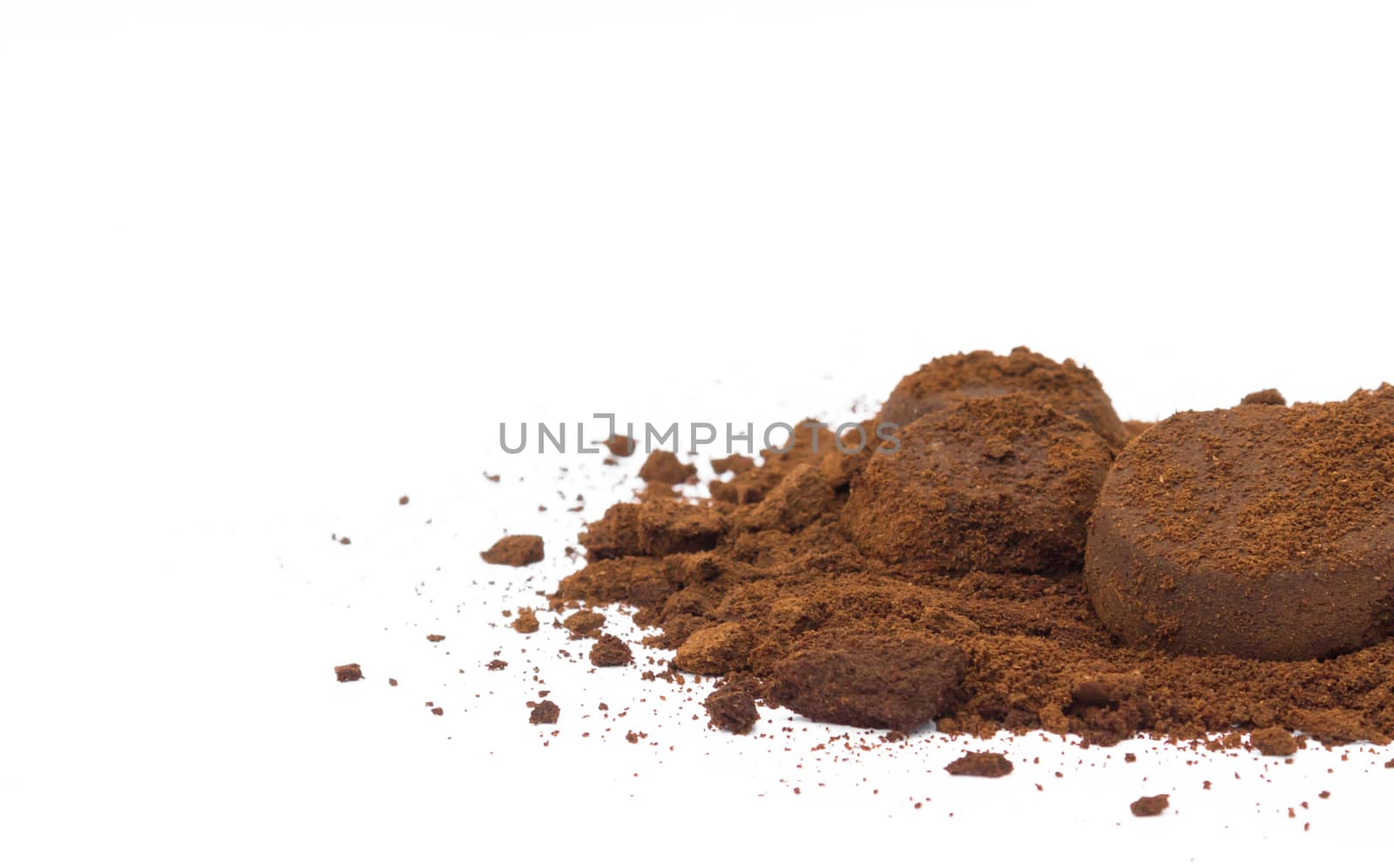 Closeup of coffee ground on white background, Healthy care and skin care concept