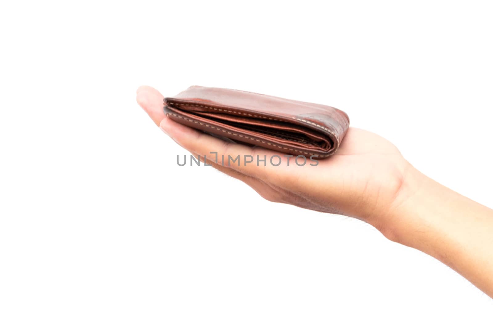 Man hand hold the wallet on white background