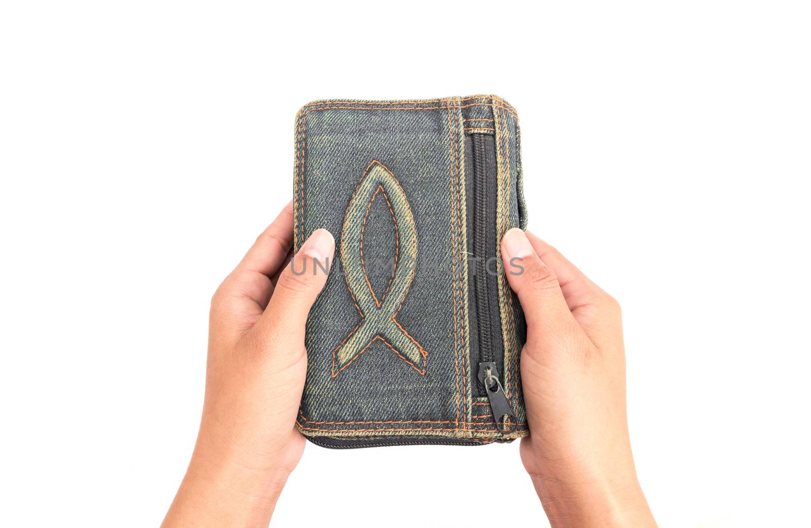 Woman hands praying and hold bible on white background, religion concept