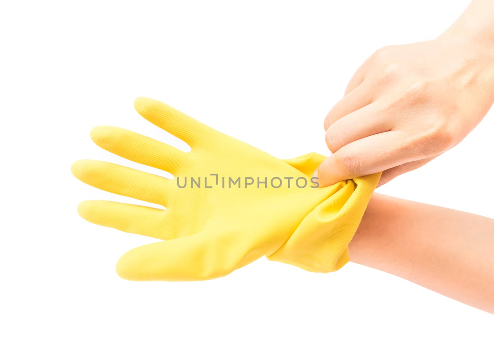 Hands wearing yellow rubber gloves for cleaning on white background, workhouse concept