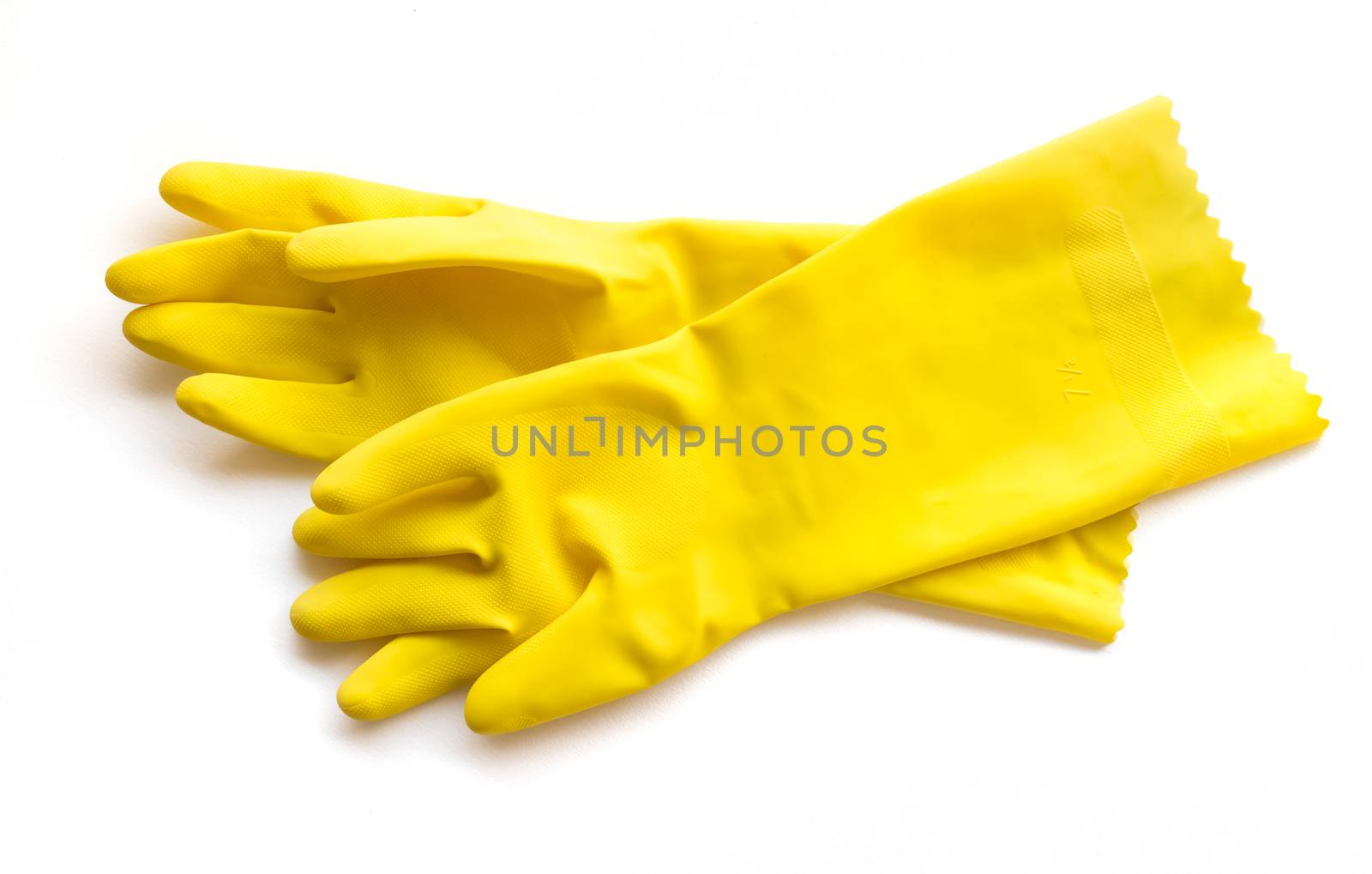 Yellow rubber gloves for cleaning on white background, workhouse concept