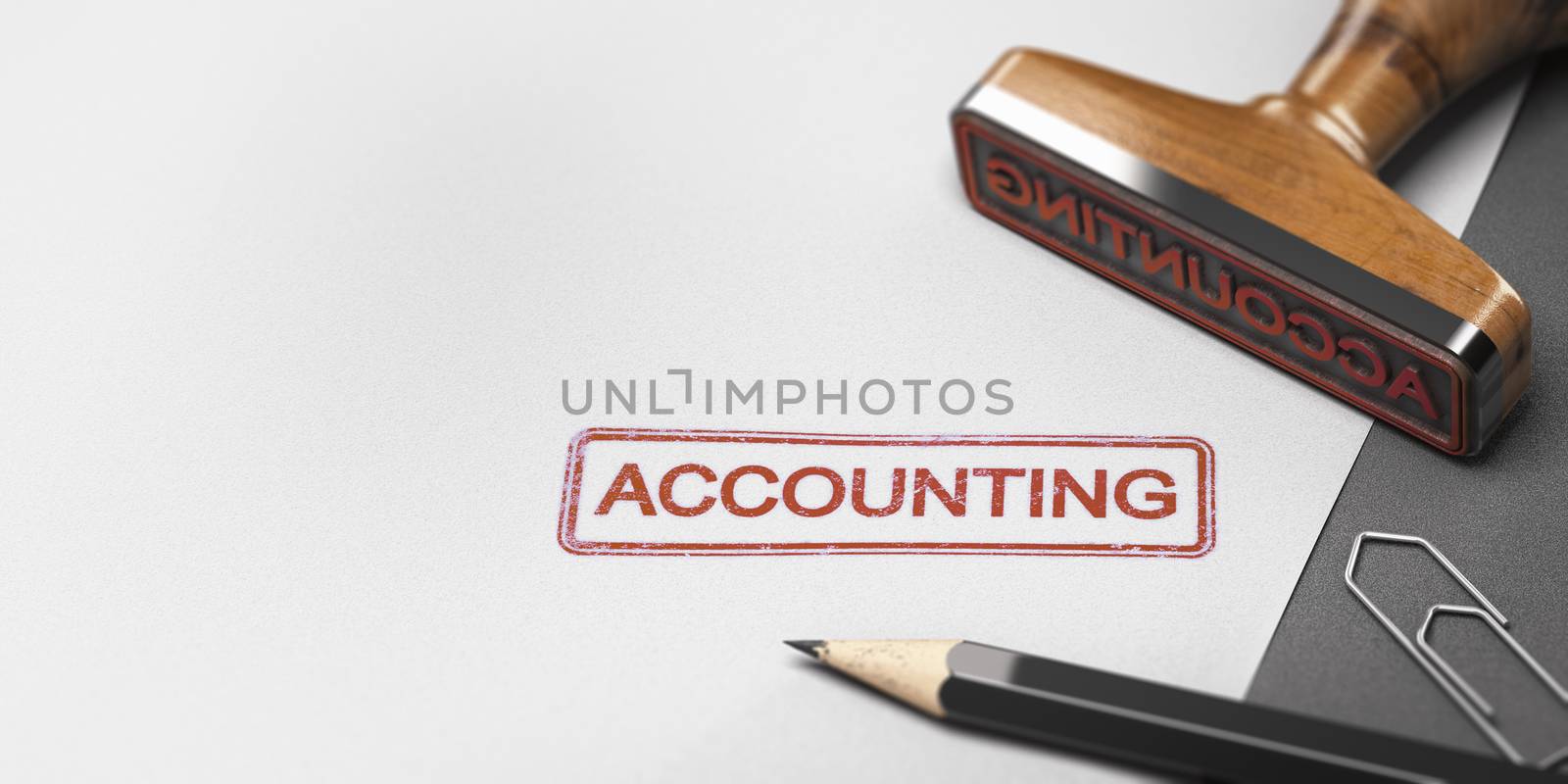 3D illustration of a rubber stamp with other office supplies and the word accounting on a sheet of paper.