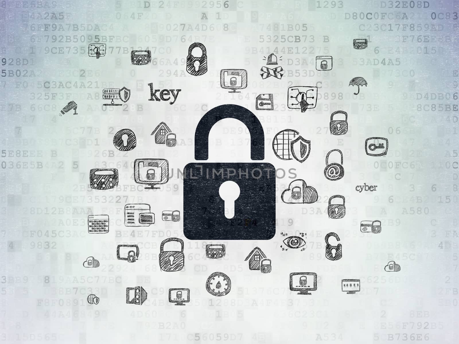 Safety concept: Painted black Closed Padlock icon on Digital Data Paper background with  Hand Drawn Security Icons