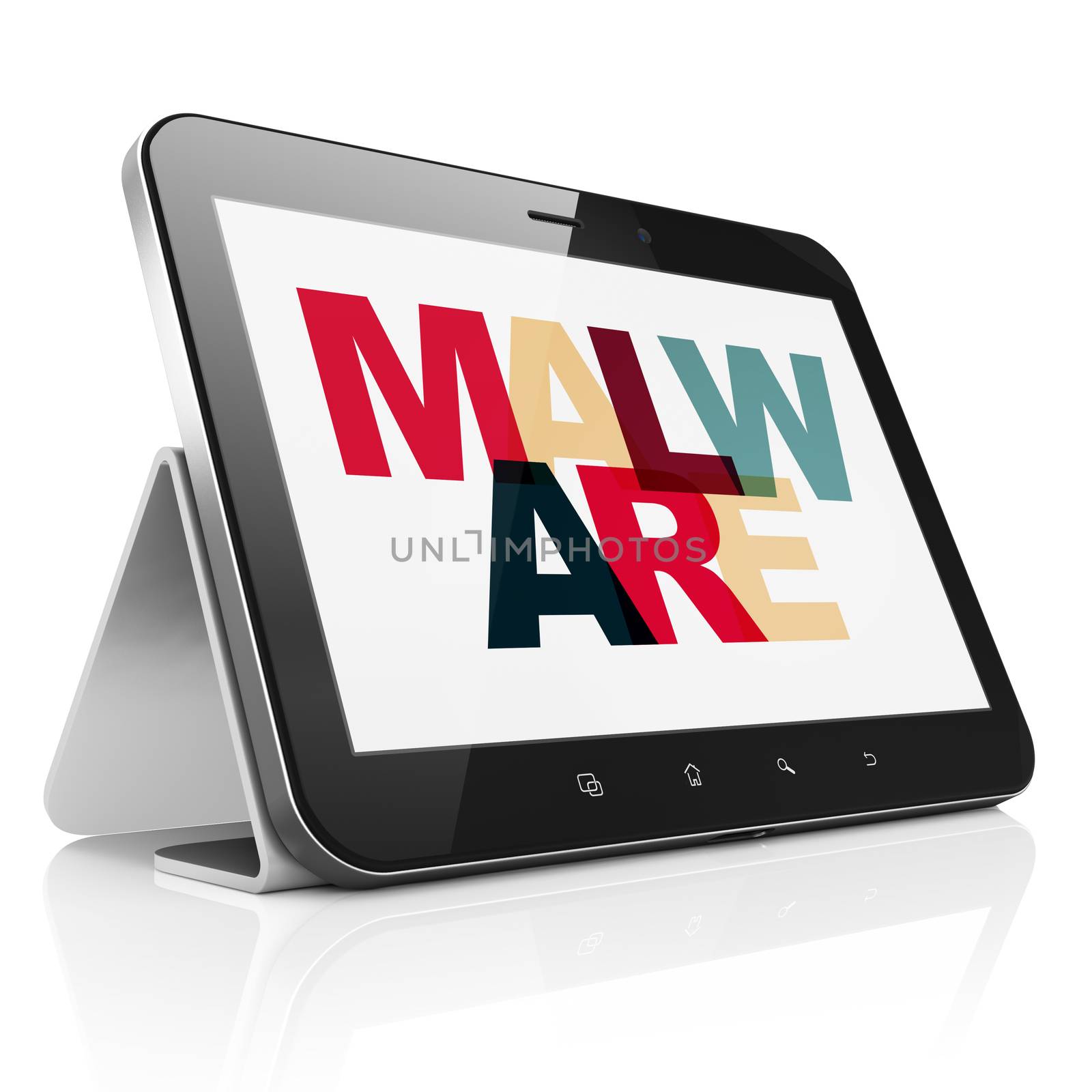 Safety concept: Tablet Computer with Painted multicolor text Malware on display, 3D rendering