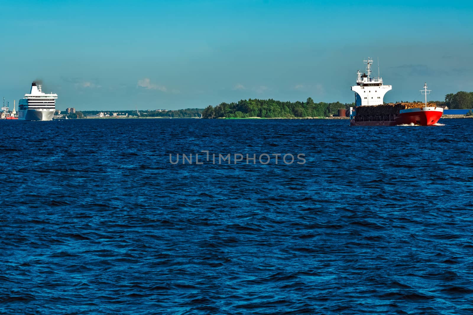 Red cargo ship fully loaded with wood moving at clear day