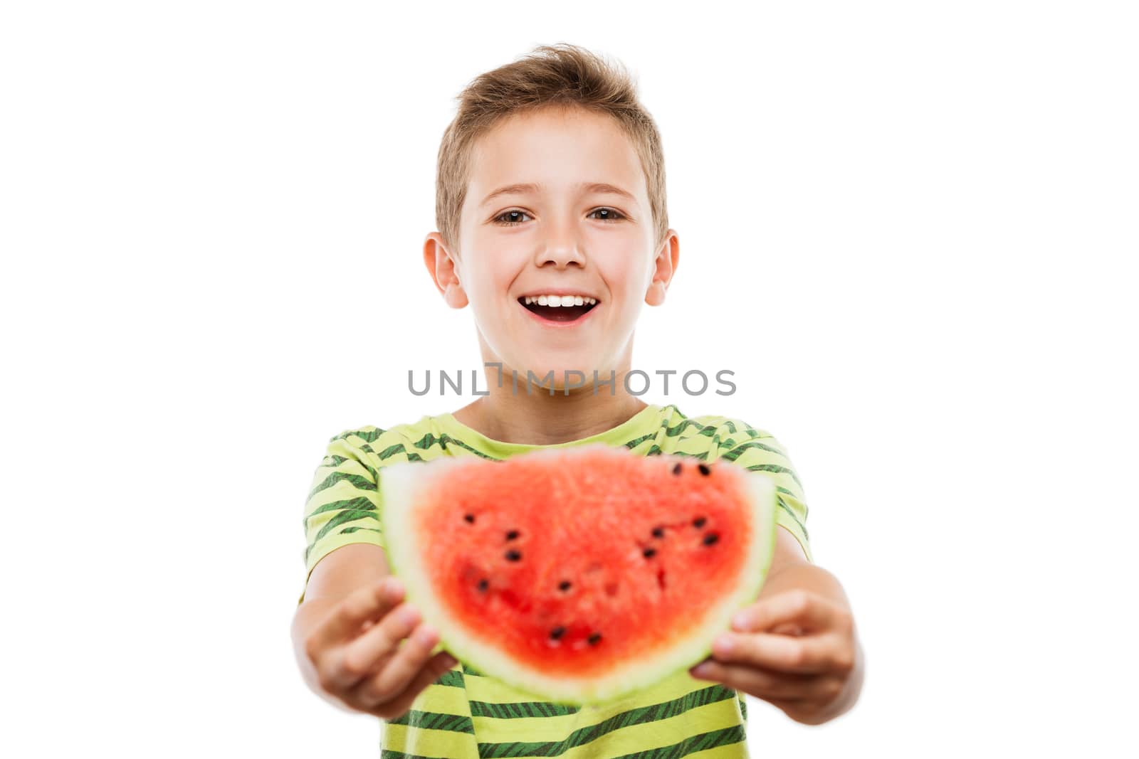 Handsome smiling child boy hand holding red ripe watermelon fruit food slice white isolated