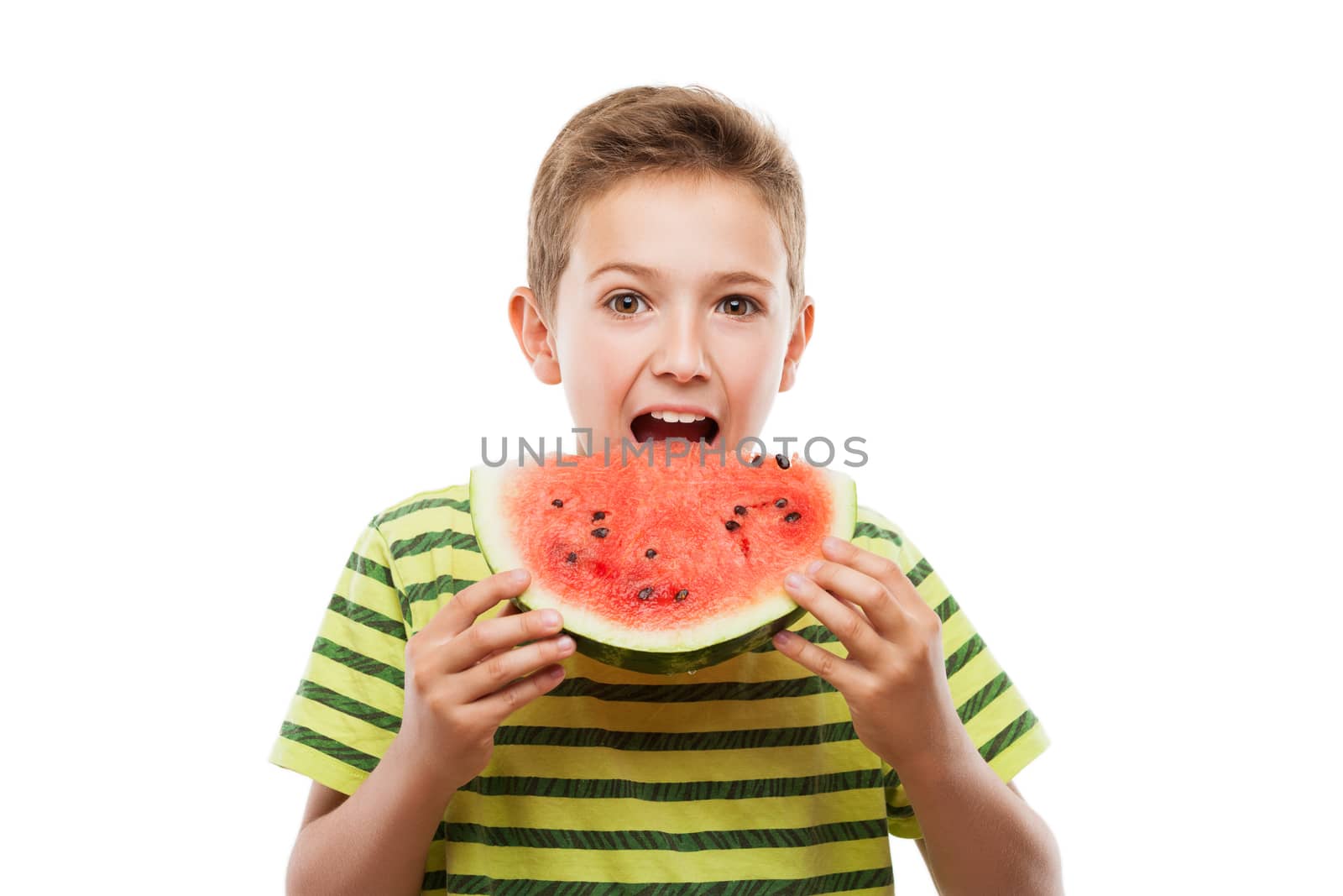 Handsome smiling child boy hand holding red ripe watermelon fruit food slice white isolated