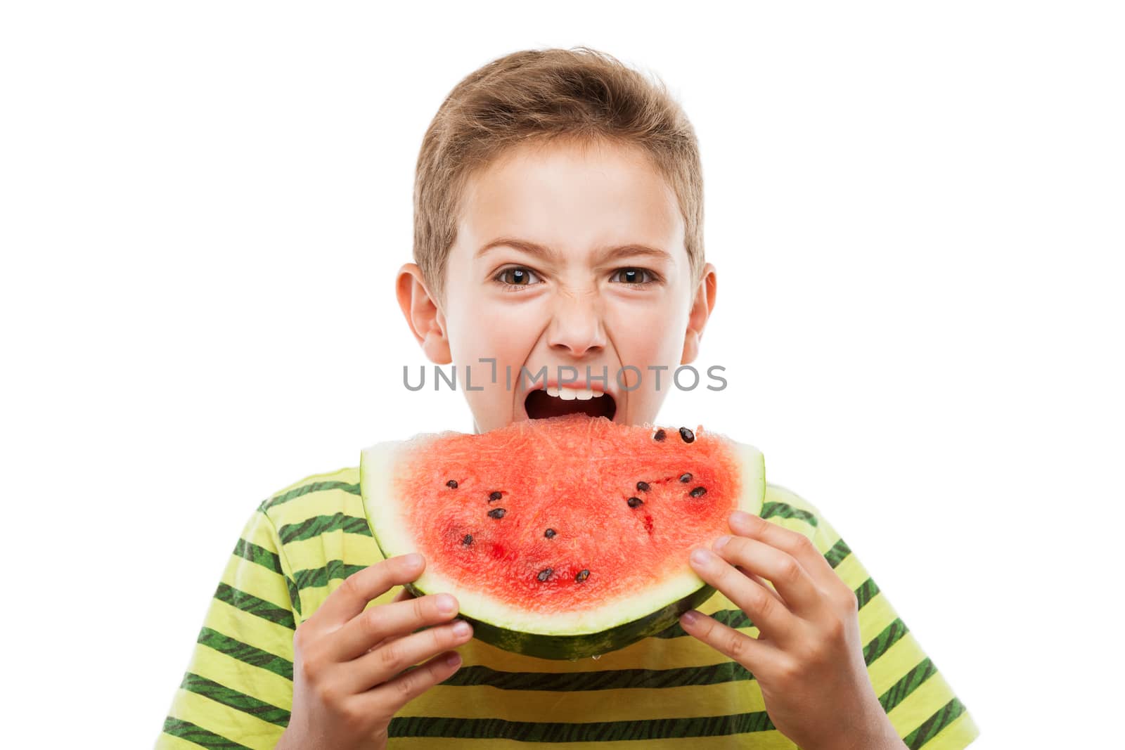 Handsome smiling child boy hand holding red ripe watermelon fruit food slice white isolated