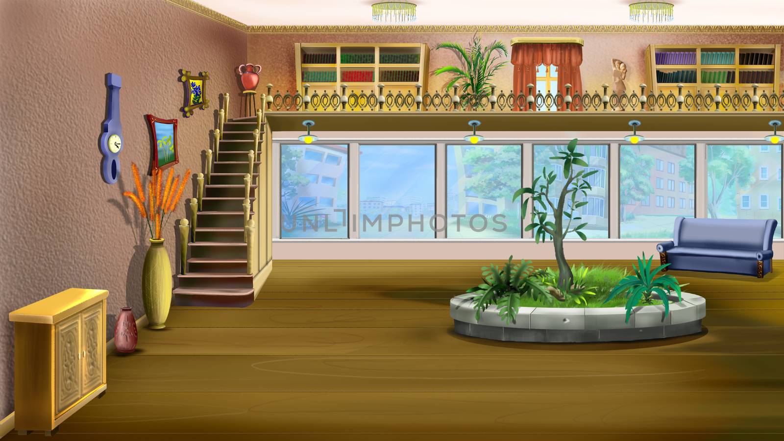 The interior of a large room with huge windows and stairs to the second floor. Digital Painting Background, Illustration in cartoon style character.