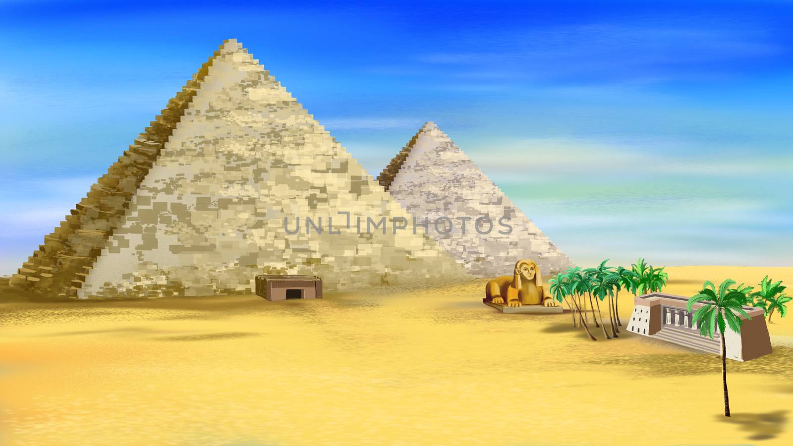 The Egyptian pyramids with entrance and ancient castle. Digital painting background, Illustration in cartoon style character.