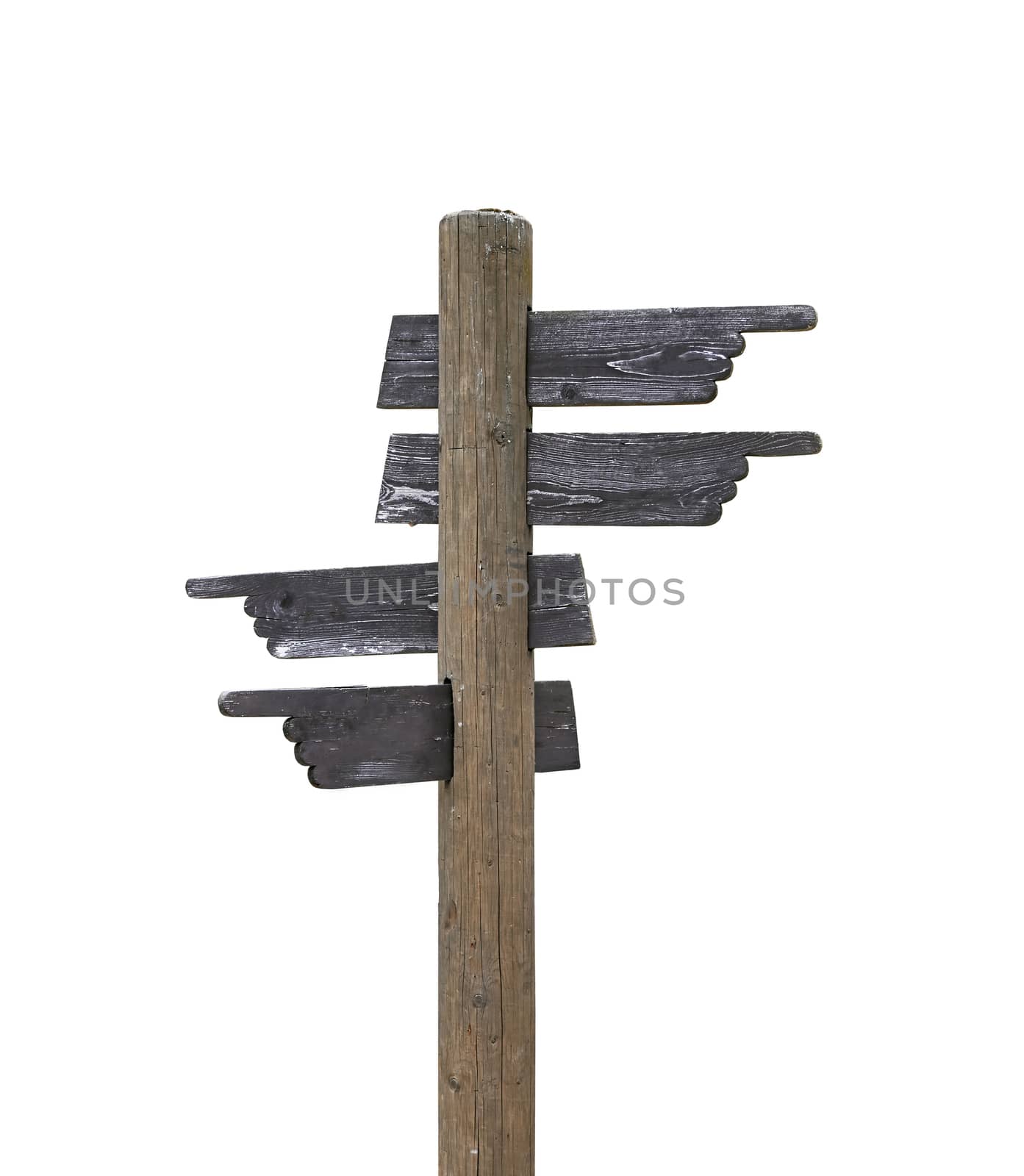 Old vintage road signpost with four hand shaped wooden planks blank copy space arrows different directions, left down and right, isolated on white background, low angle side view