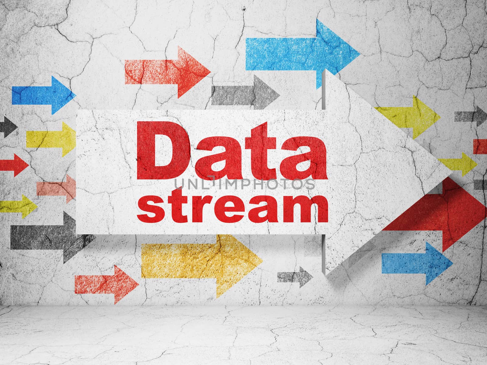 Data concept:  arrow with Data Stream on grunge textured concrete wall background, 3D rendering