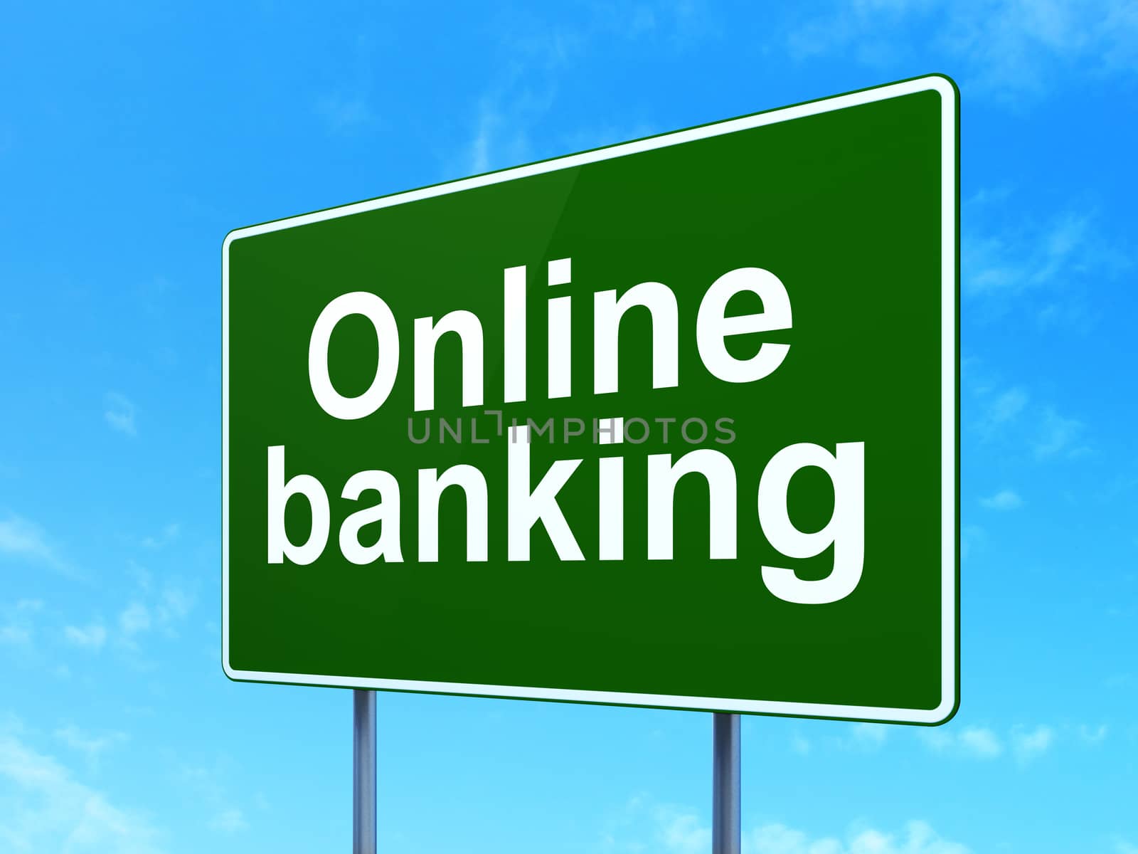 Currency concept: Online Banking on green road highway sign, clear blue sky background, 3D rendering