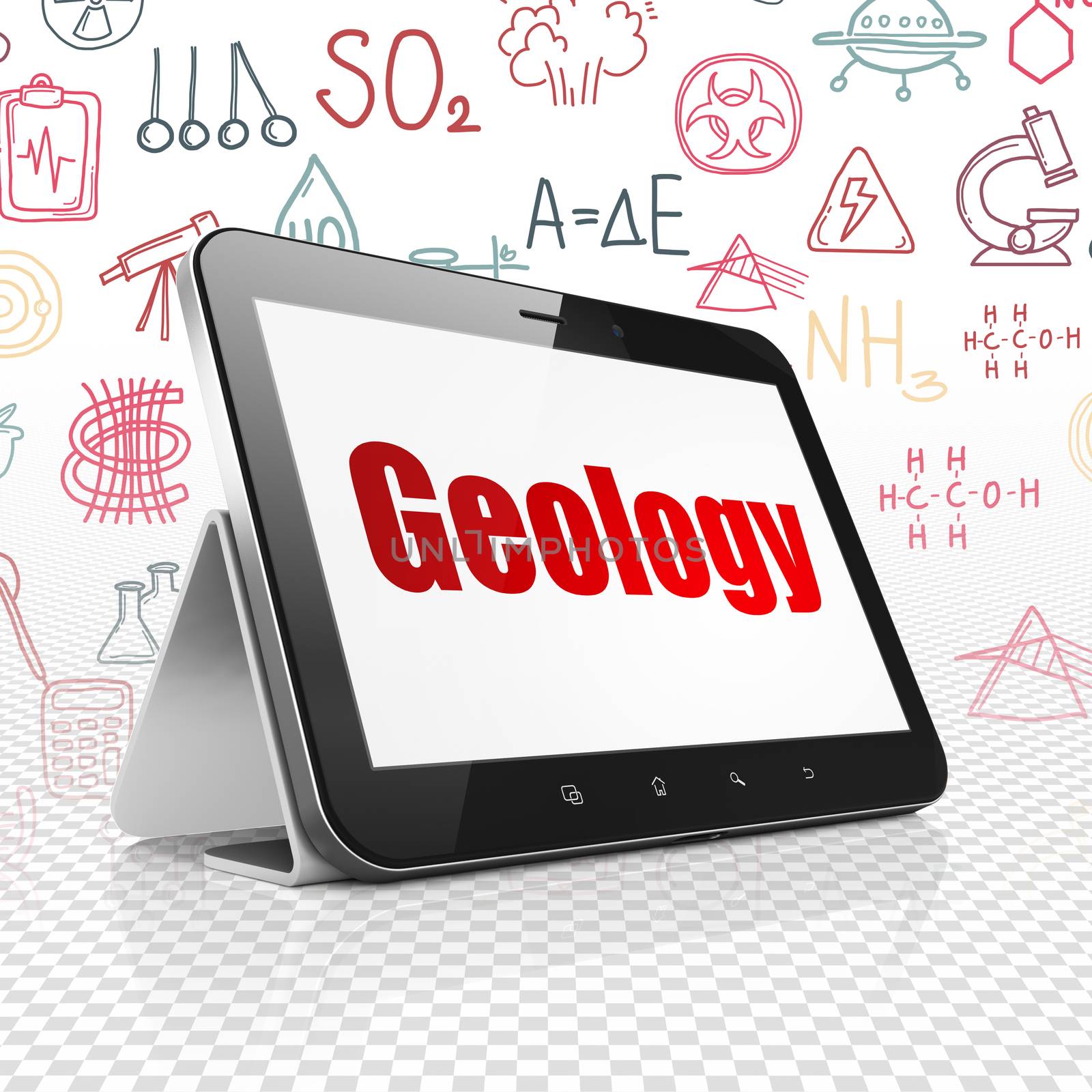 Science concept: Tablet Computer with  red text Geology on display,  Hand Drawn Science Icons background, 3D rendering