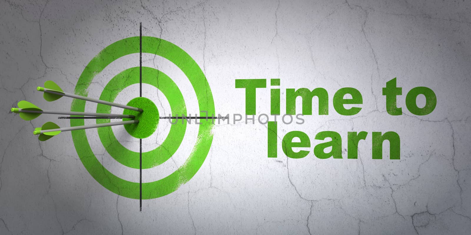 Success Studying concept: arrows hitting the center of target, Green Time to Learn on wall background, 3D rendering