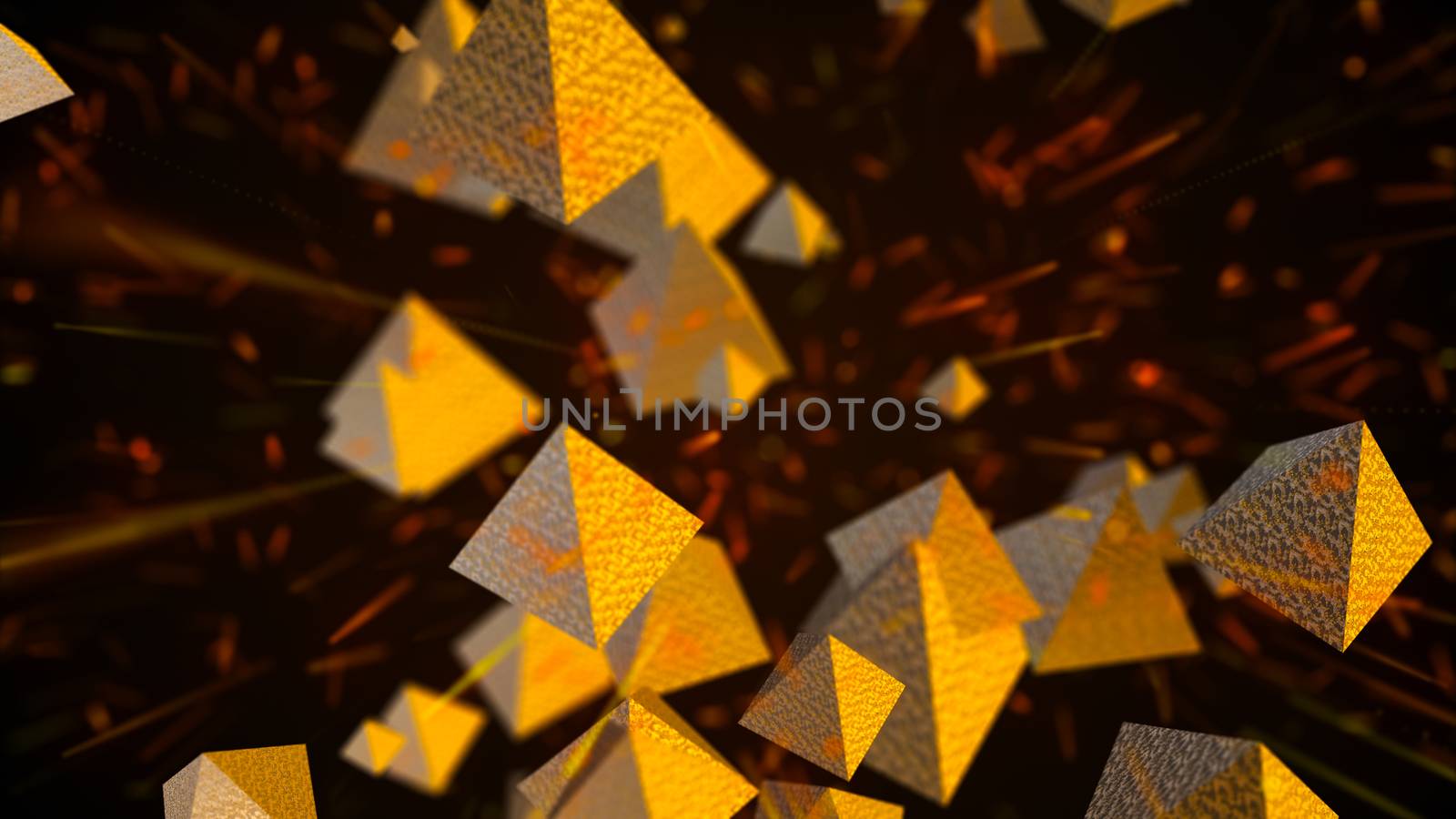 Abstract background with golden pyramids. Digital backdrop. 3d rendering