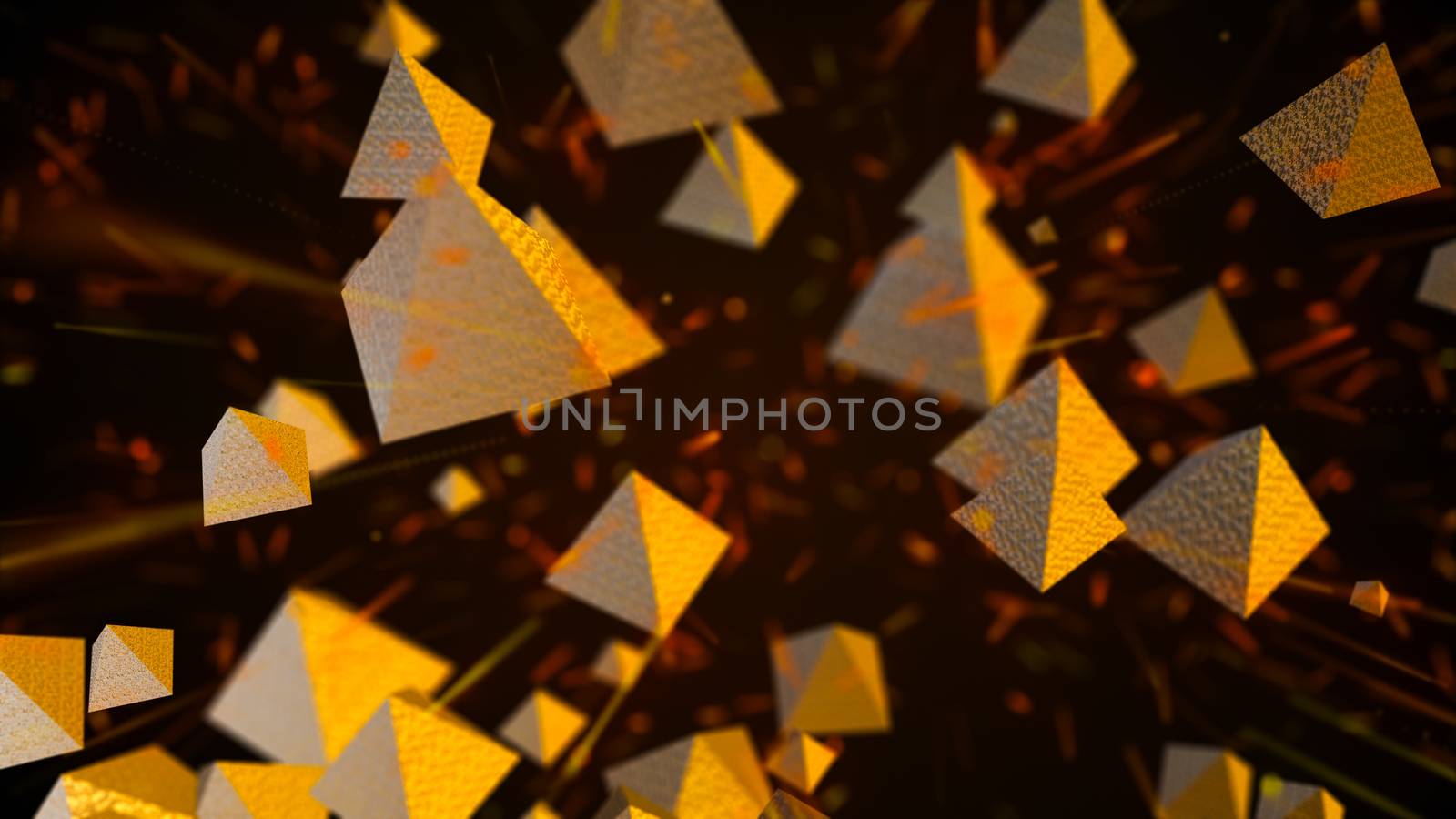 Abstract background with golden pyramids. Digital backdrop. 3d rendering
