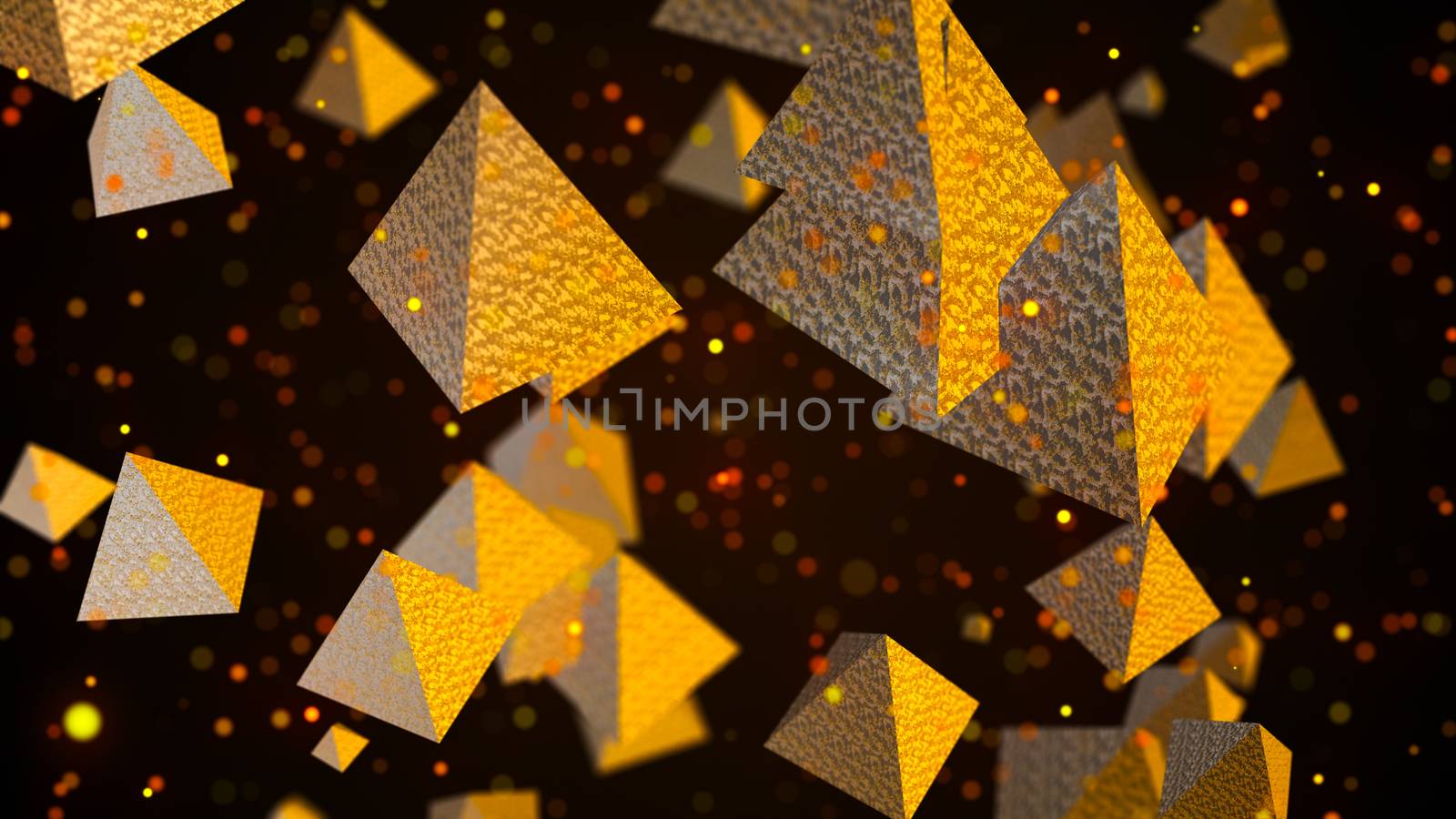Abstract background with golden pyramids. Digital backdrop. 3d rendering