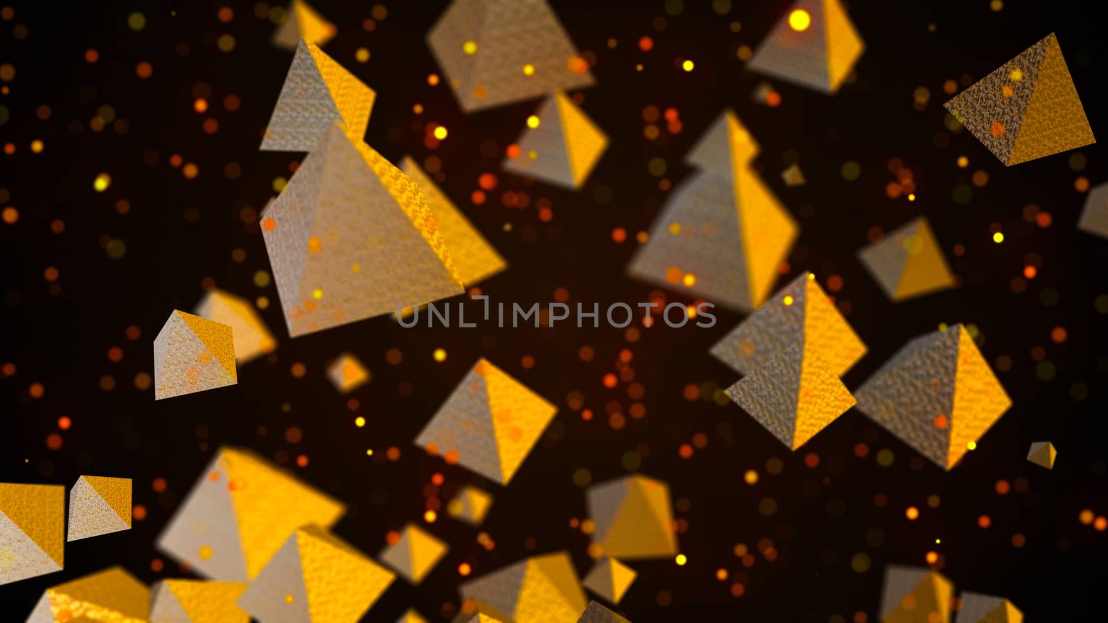 Abstract background with golden pyramids. Digital backdrop. 3d rendering