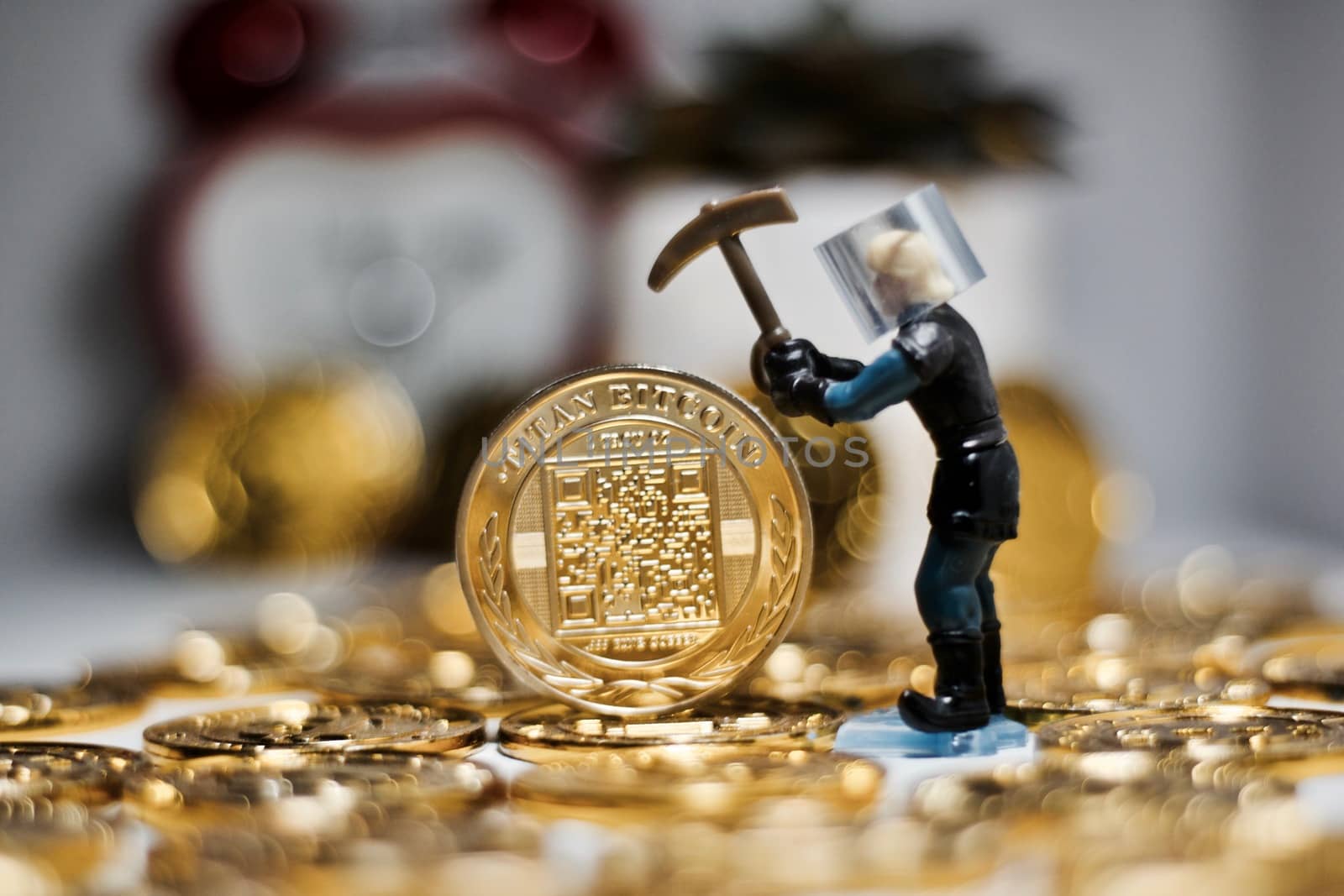 Digital currency physical metal bitcoin coin. Business mining concept.