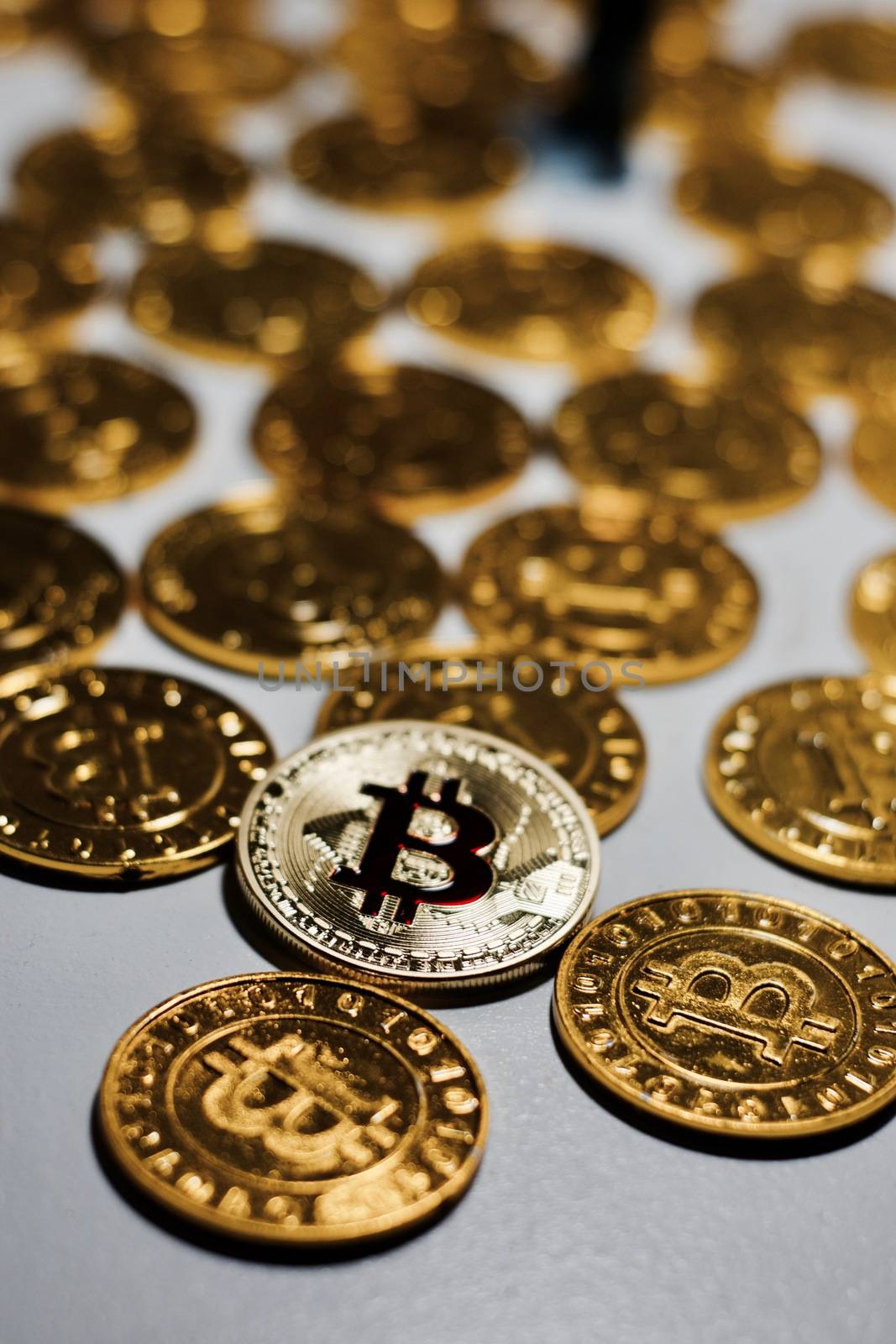 Digital currency physical metal bitcoin coin. Business mining concept.