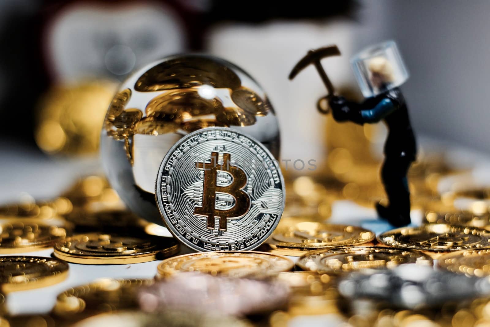 Digital currency physical metal bitcoin coin. Business mining concept.