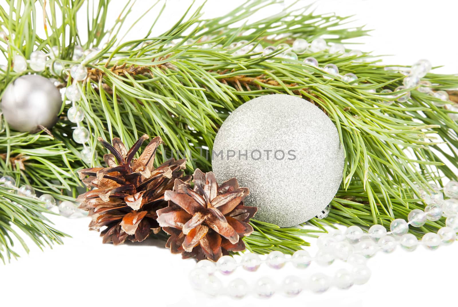 New year composition with fir tree, cones and silver ball on white background