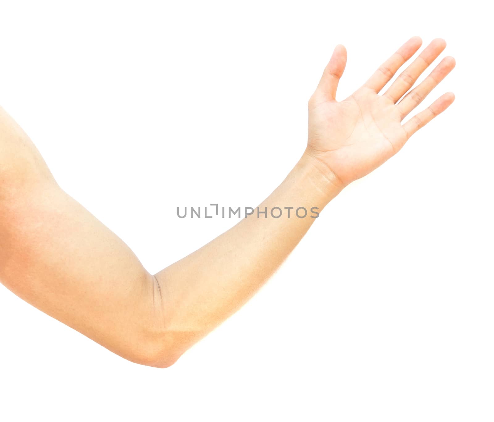 Man show arm and hand on white background, health care concept