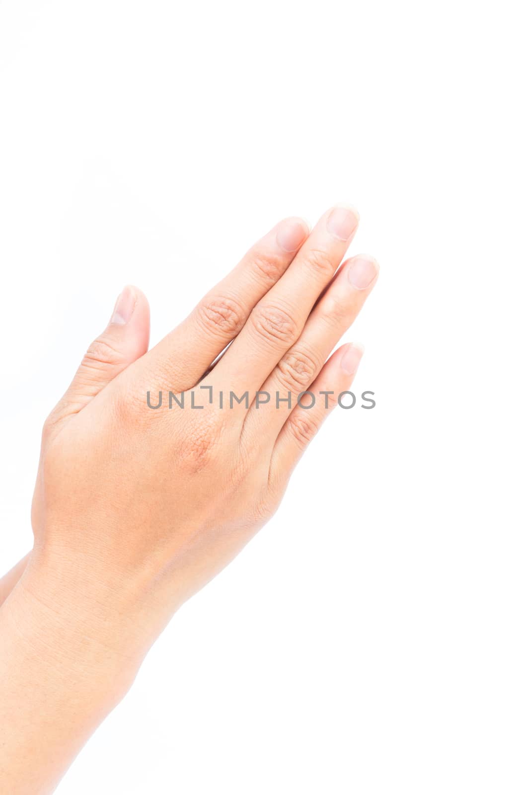 Woman hands praying on white background, religion concept by pt.pongsak@gmail.com